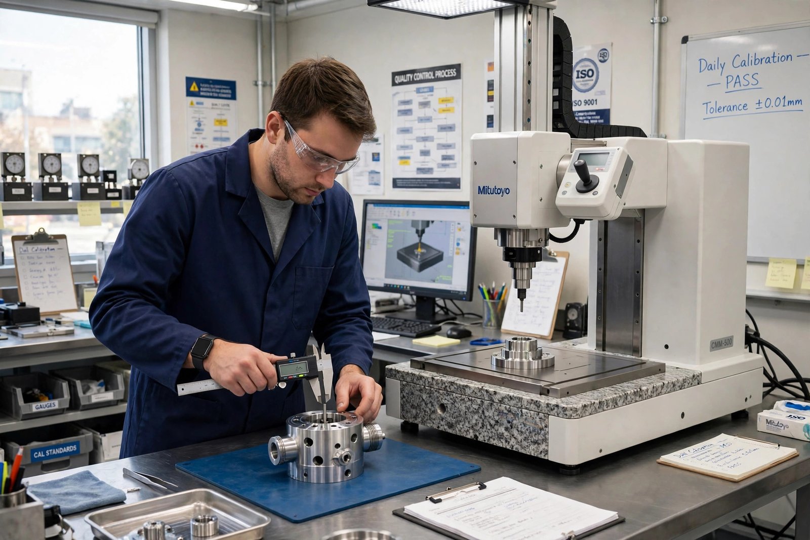 Technician measuring a machined metal part with a digital caliper in a quality inspection lab