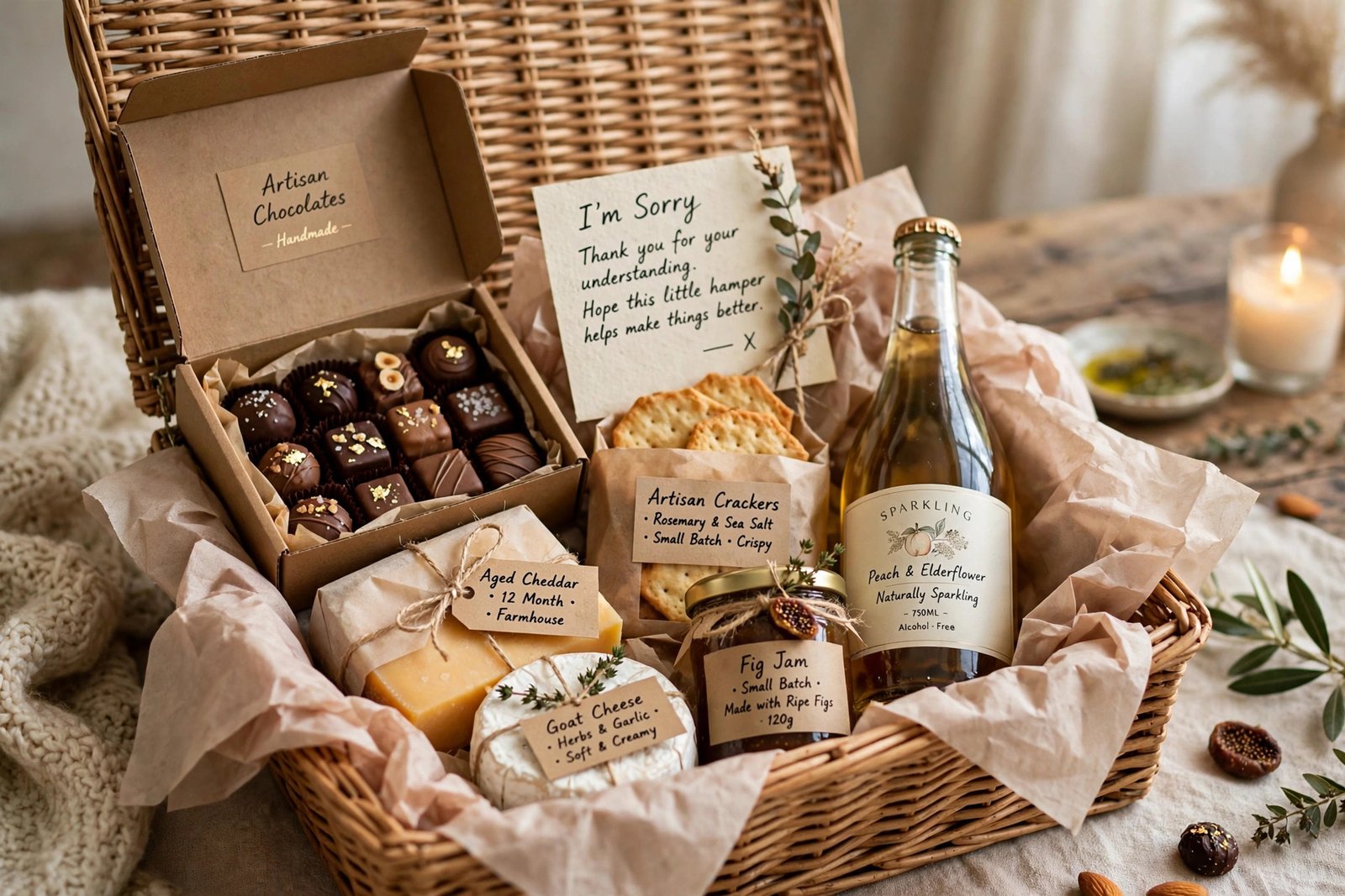An elegant apology gift hamper with artisan chocolates, a scented candle, herbal tea and a handwritten sorry card