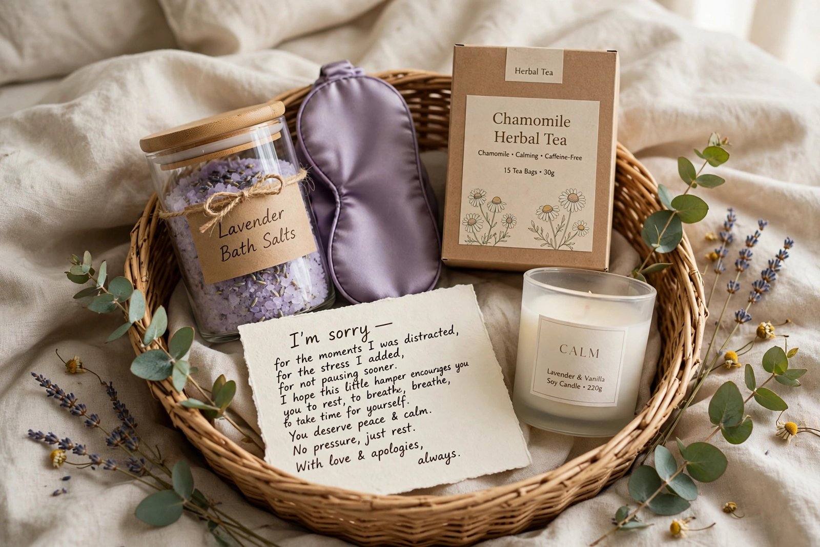 A relaxation apology hamper with bath salts, a silk eye mask, herbal tea and a scented candle on soft bedding