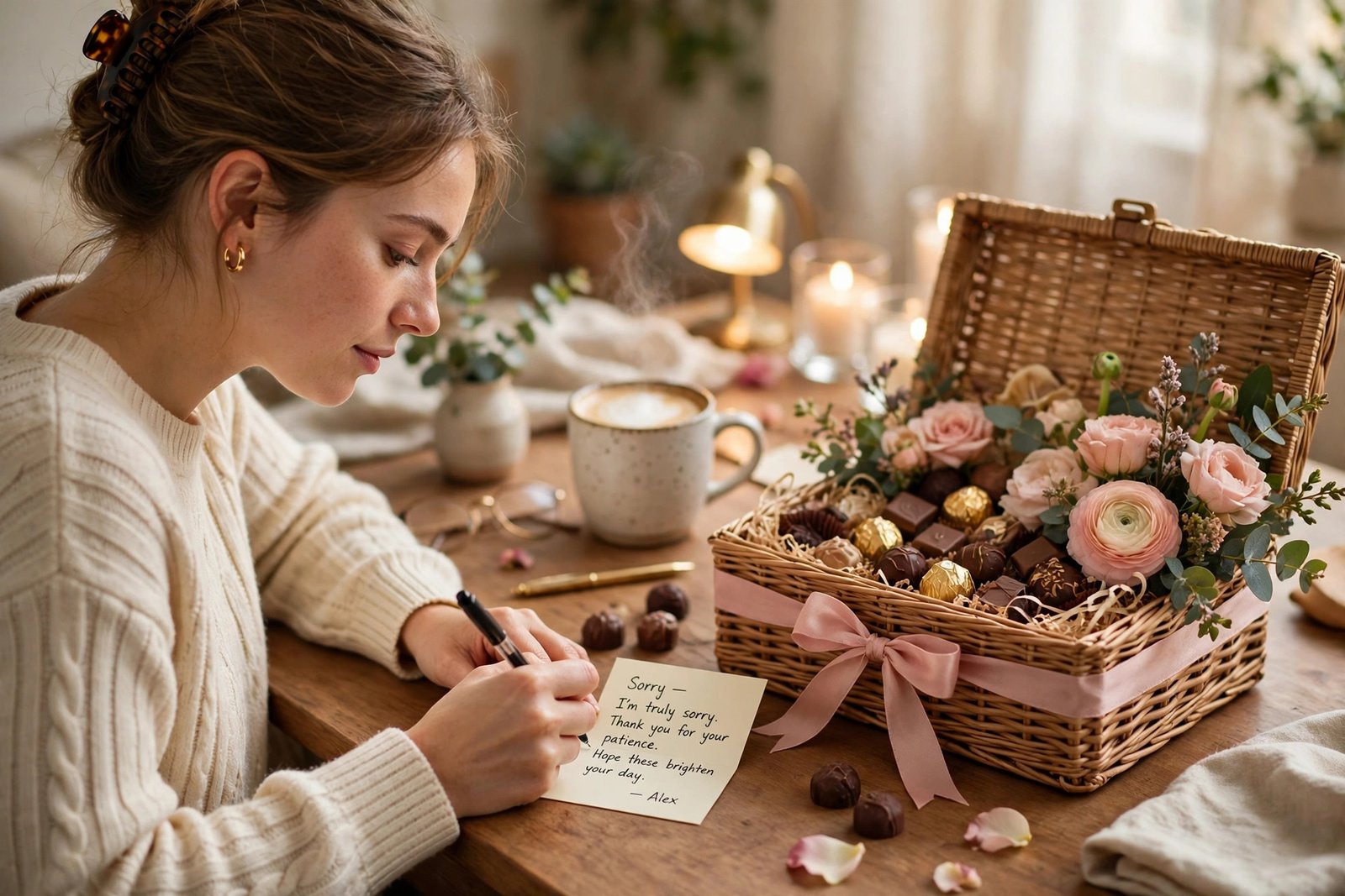 A person writing a short handwritten sorry note beside a delivered apology gift hamper