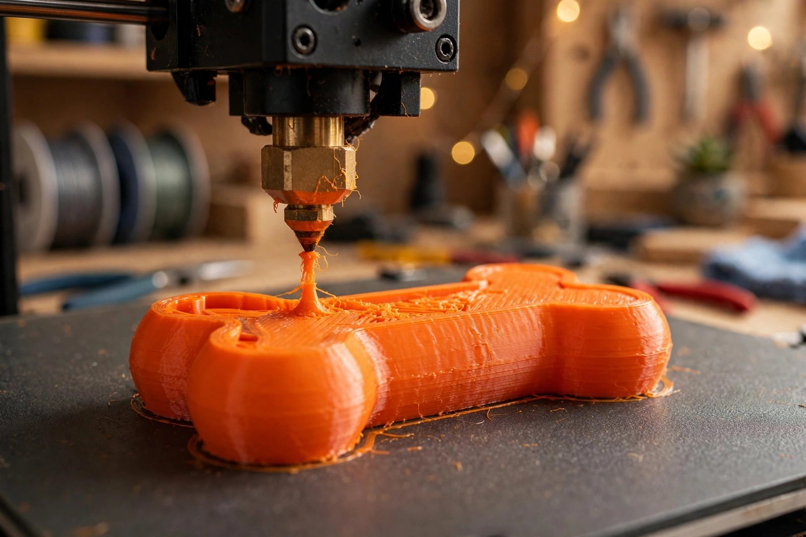 Close-up of a 3D printer building an orange bone-shaped dog toy layer by layer