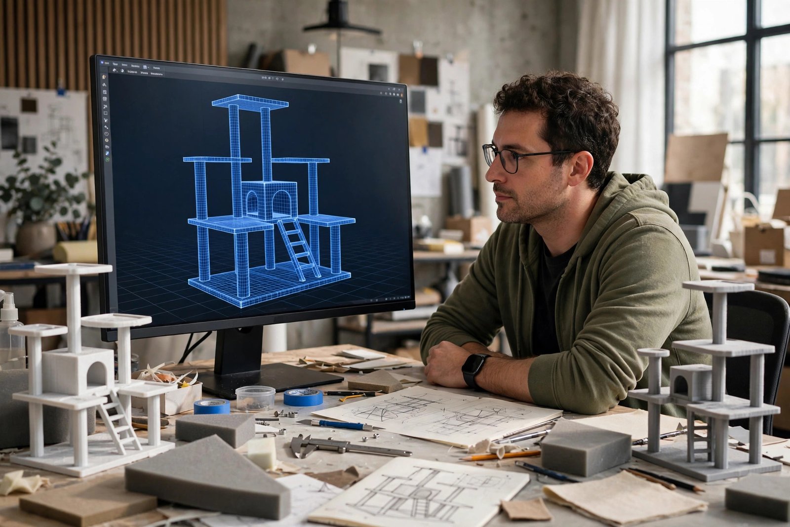 Product designer reviewing a blue wireframe 3D model of a cat climbing tower on a monitor