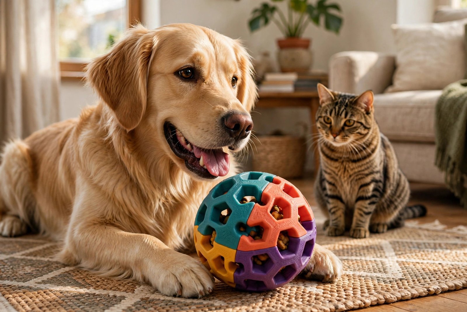 Golden retriever and tabby cat with a colorful 3D printed puzzle enrichment ball