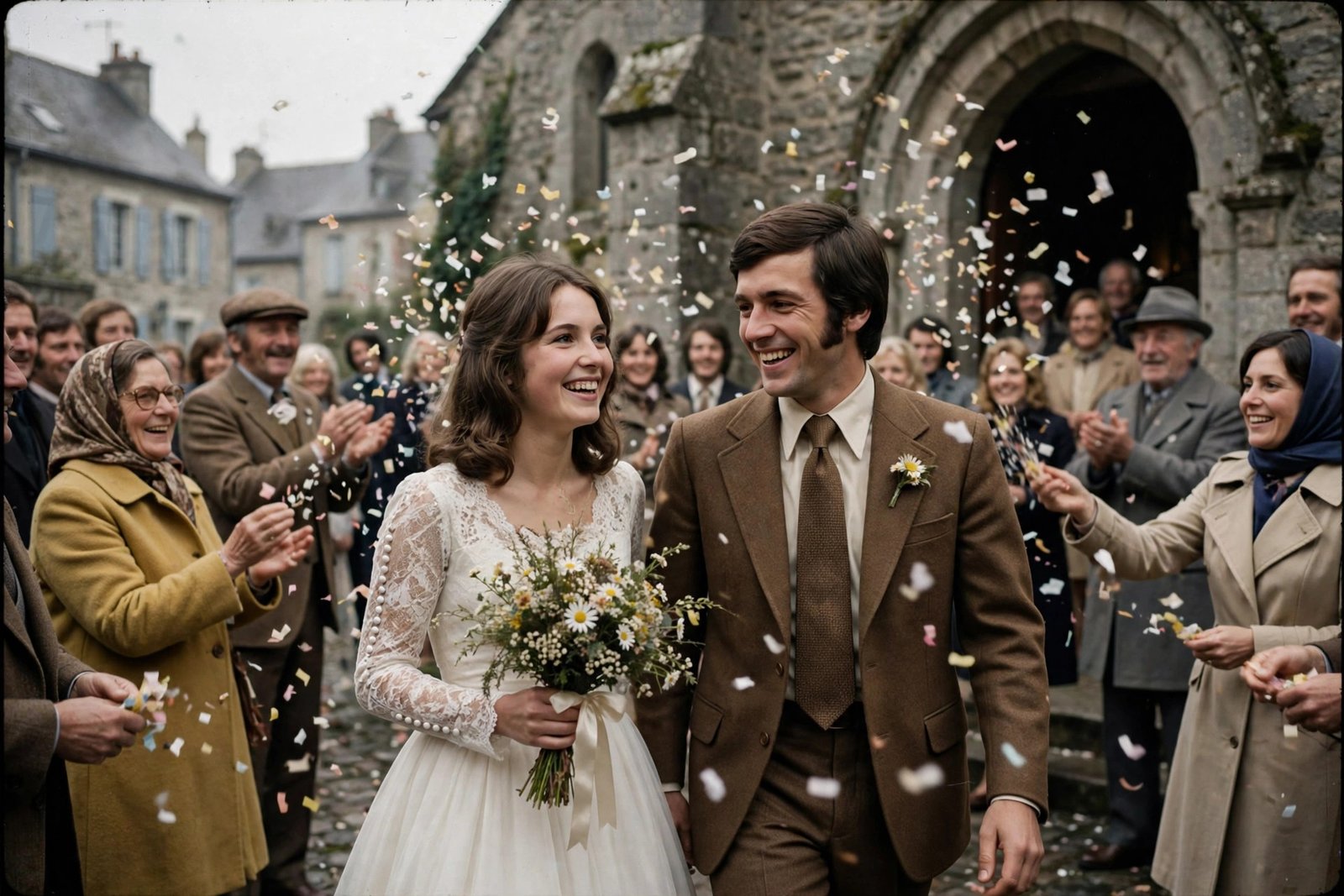 Vintage 1970s French wedding scene evoking Anne Dewavrin's 1973 marriage to Bernard Arnault in northern France