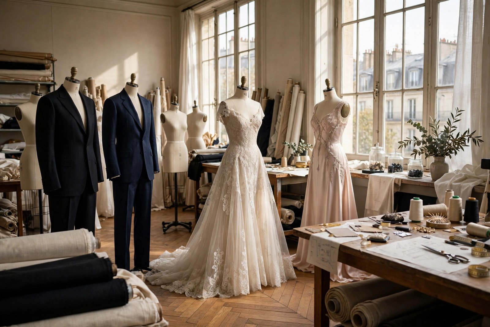 Sunlit Paris haute couture atelier evoking the fashion world Anne Dewavrin's style influenced in her daughter Delphine Arnault
