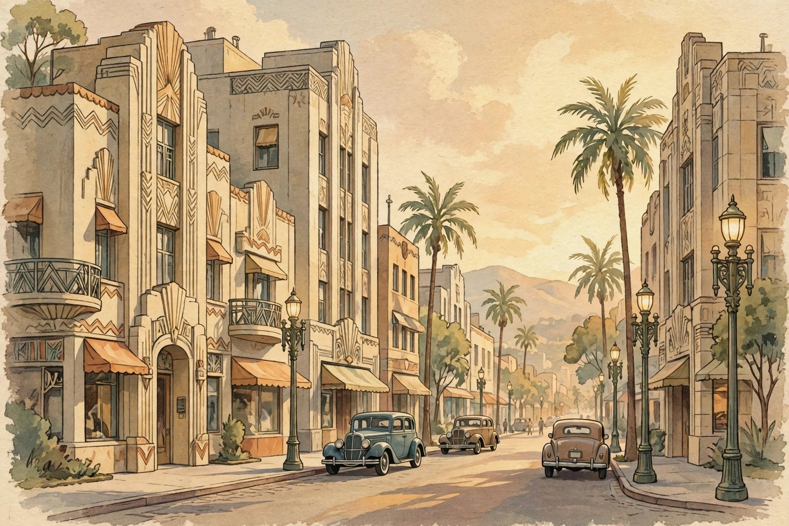 Illustrated 1930s Los Angeles street scene with art deco buildings and vintage street lamps