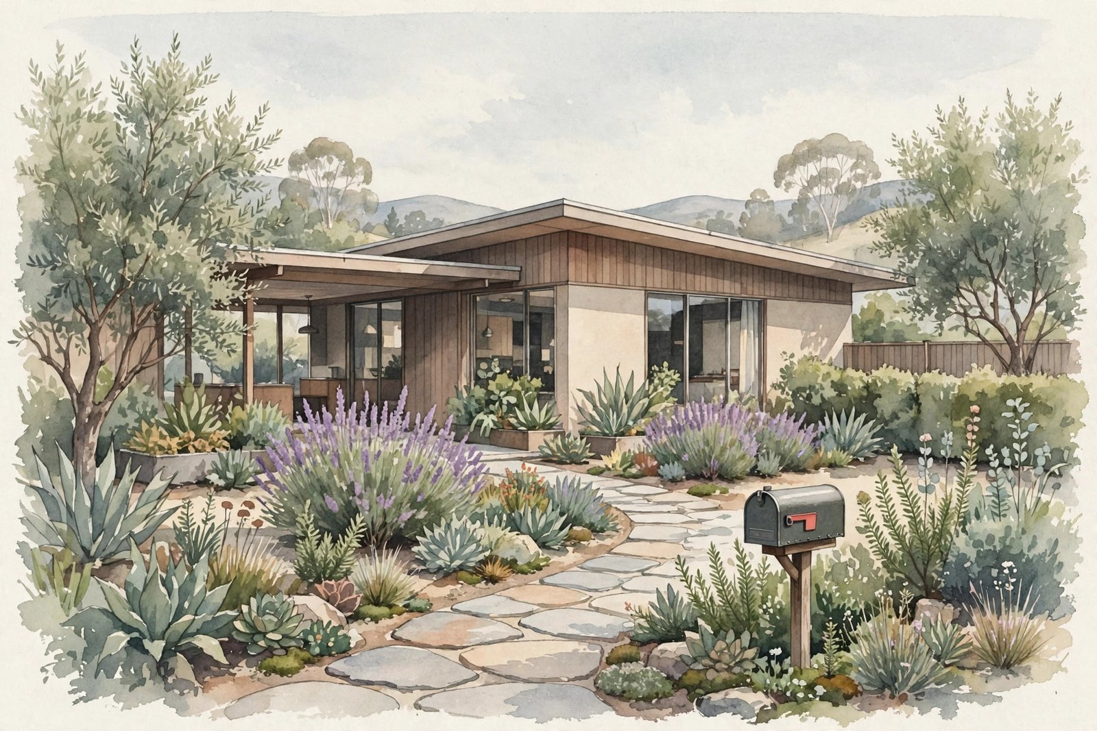 Illustrated quiet mid-century California home exterior with a garden path