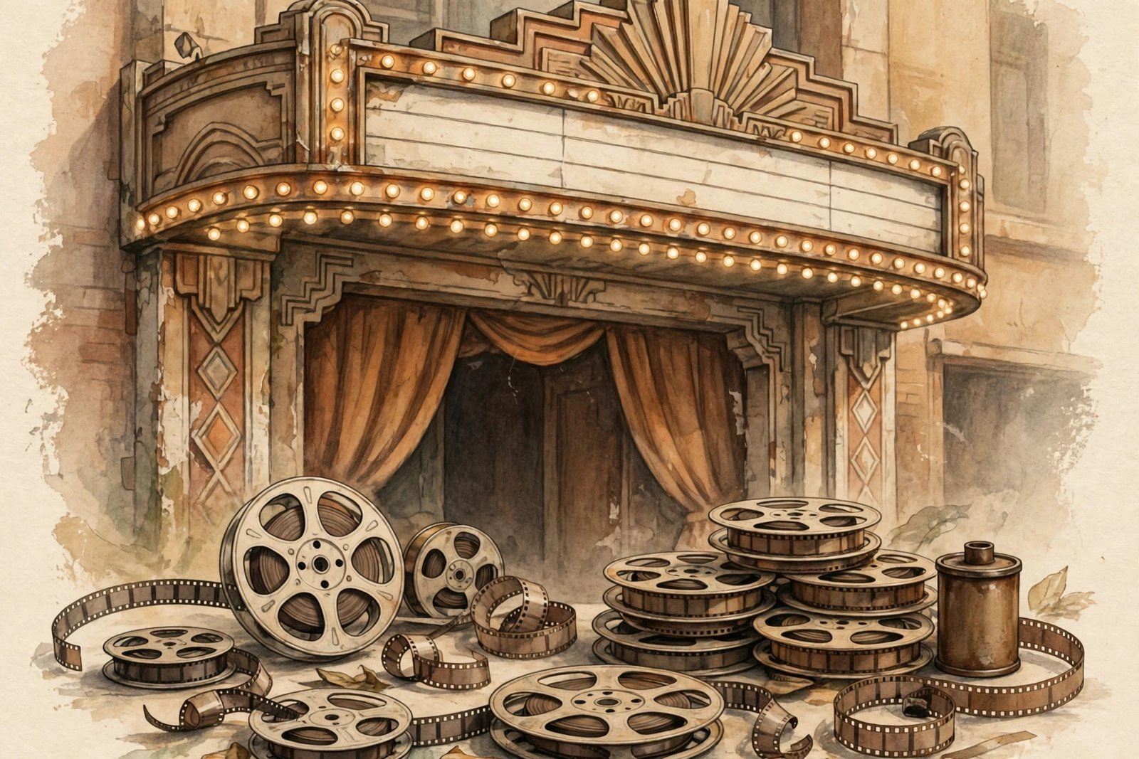 Illustrated vintage cinema marquee and old film reels representing golden age Hollywood