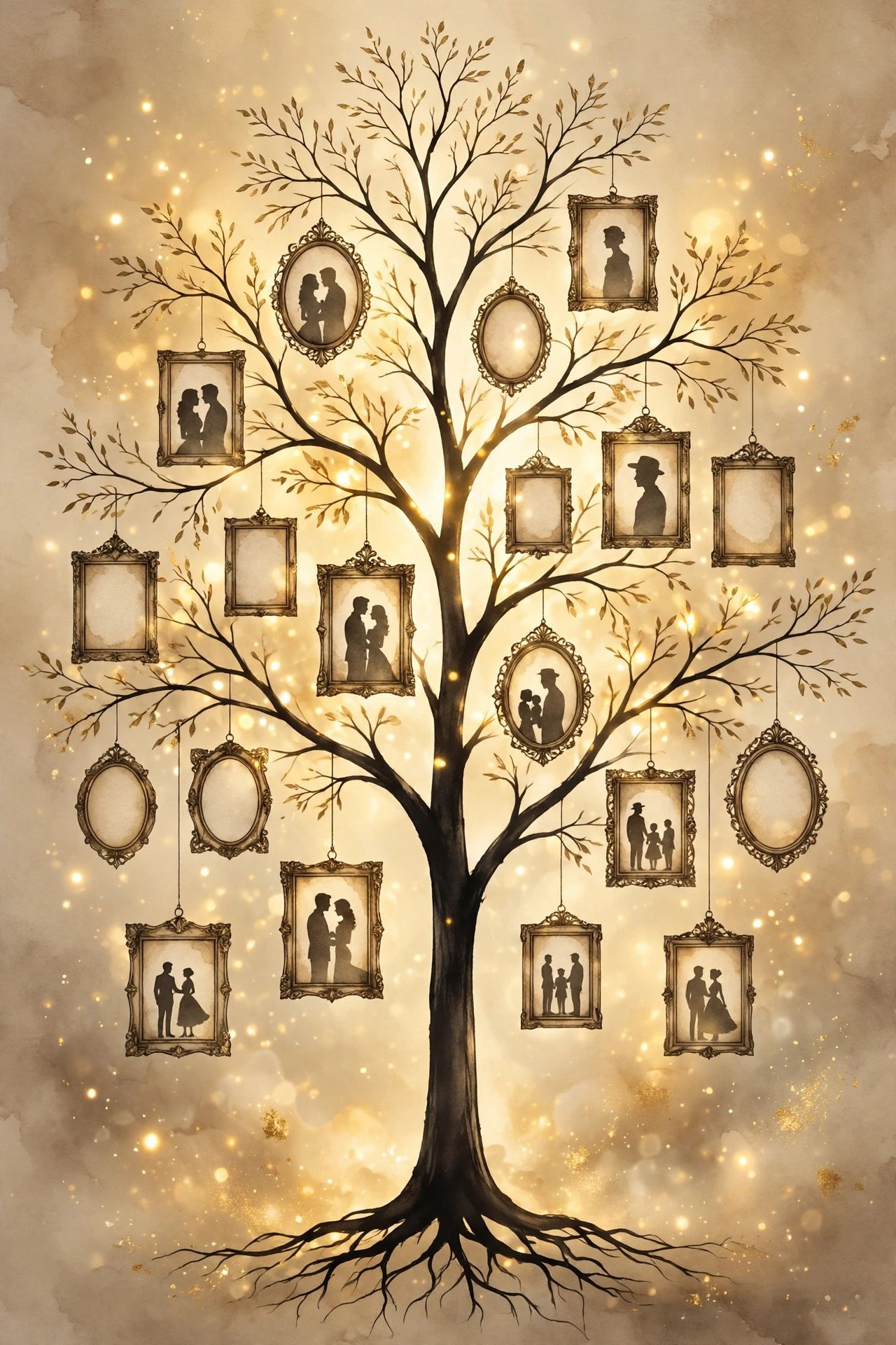 Symbolic Hollywood family tree illustration with vintage photo frames and golden light