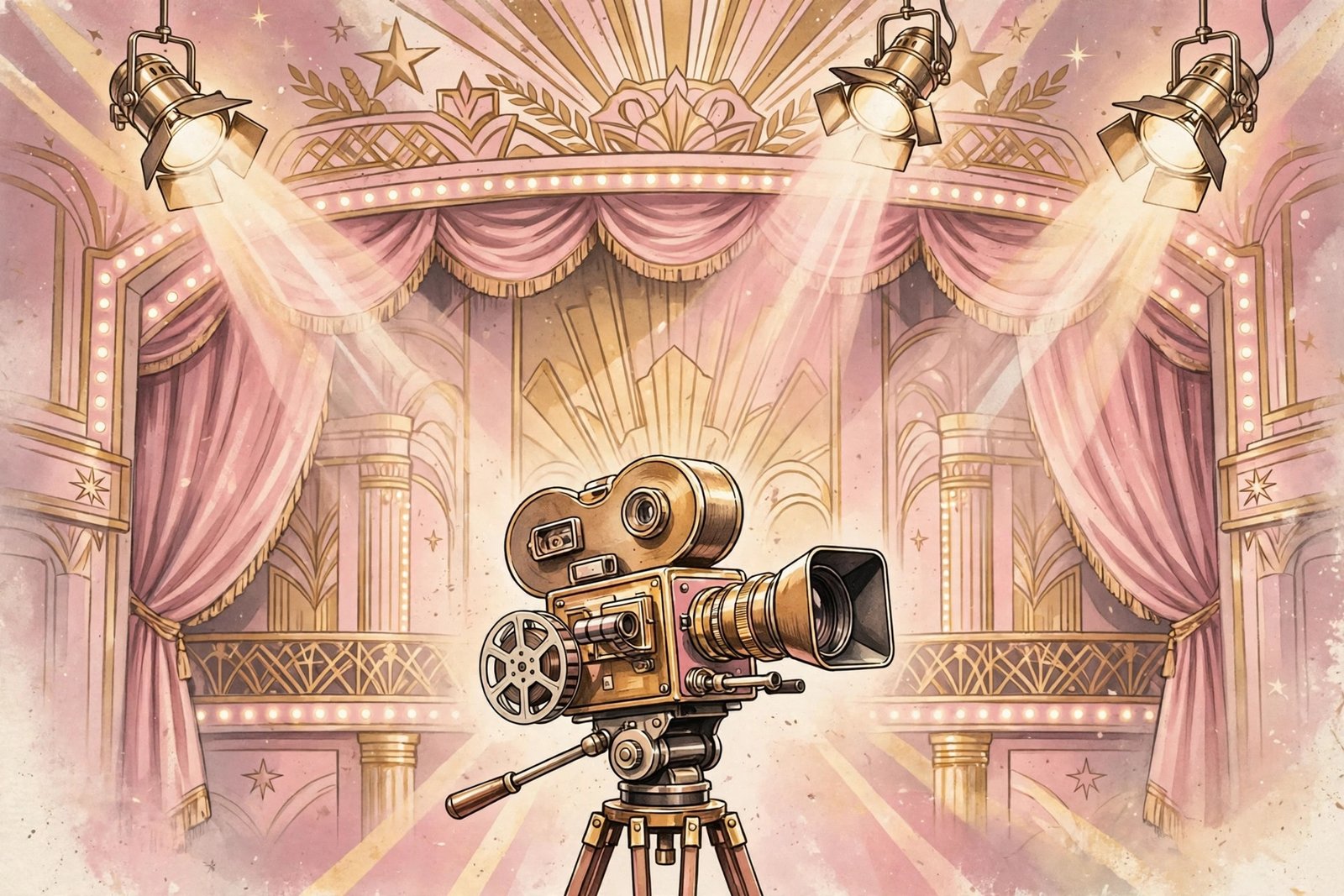 Vintage 1950s Hollywood glamour illustration with a classic movie camera and spotlights