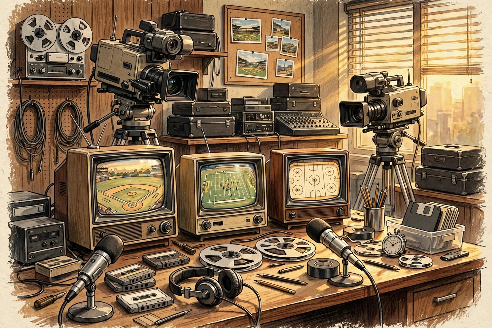 Editorial illustration of a vintage 1980s television sports newsroom desk with retro cameras and microphones