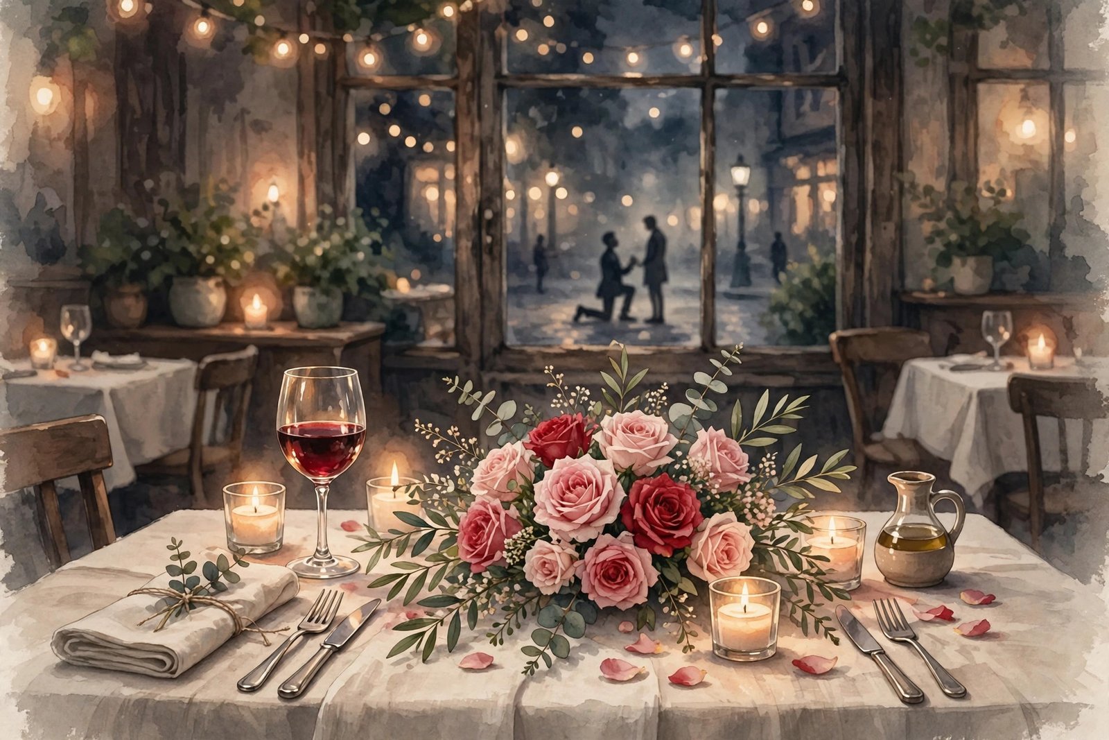 Editorial illustration of a romantic candlelit restaurant table with roses, suggesting a Valentine's Day proposal scene
