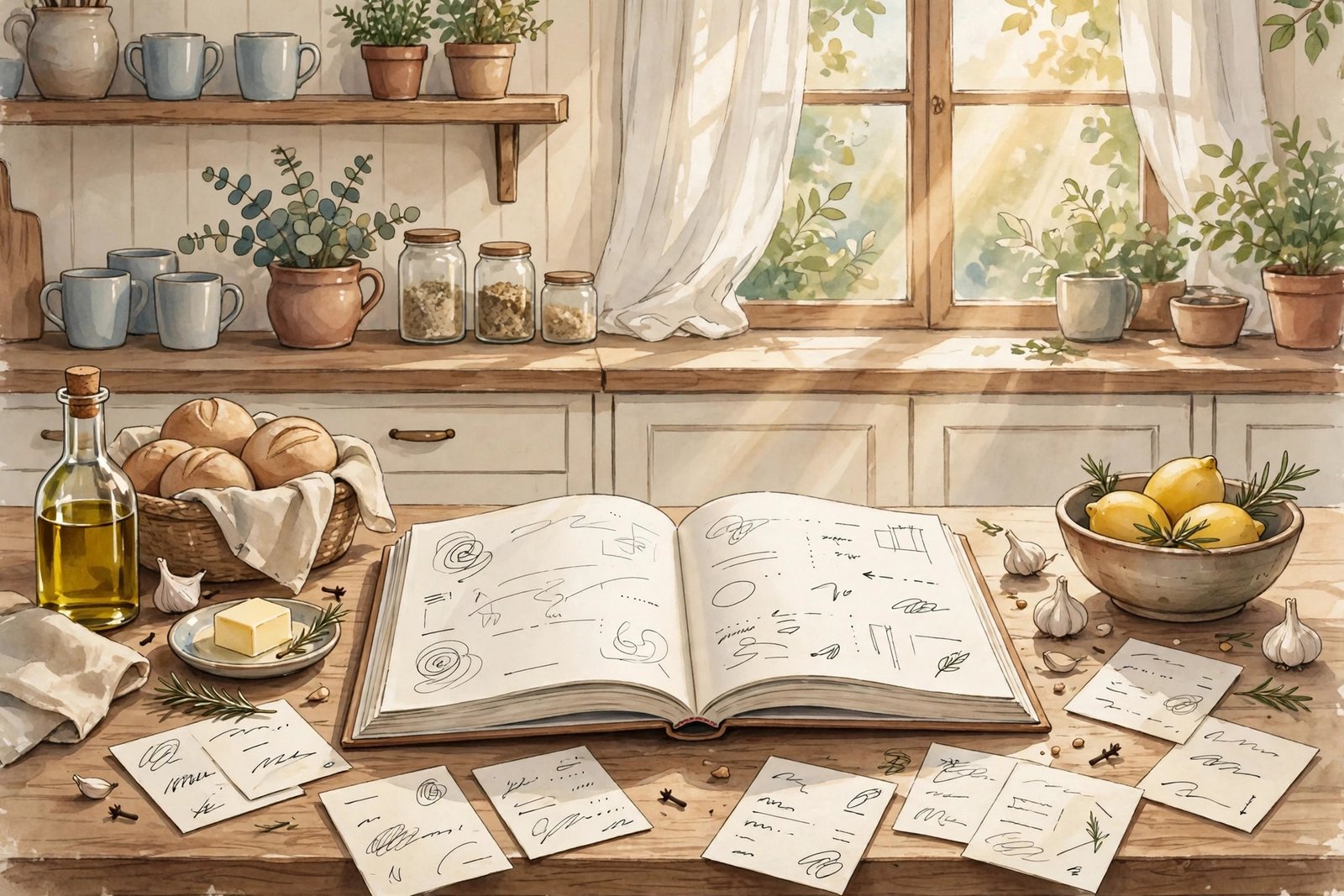 Editorial illustration of a cozy sunlit kitchen with an open cookbook and handwritten recipe cards