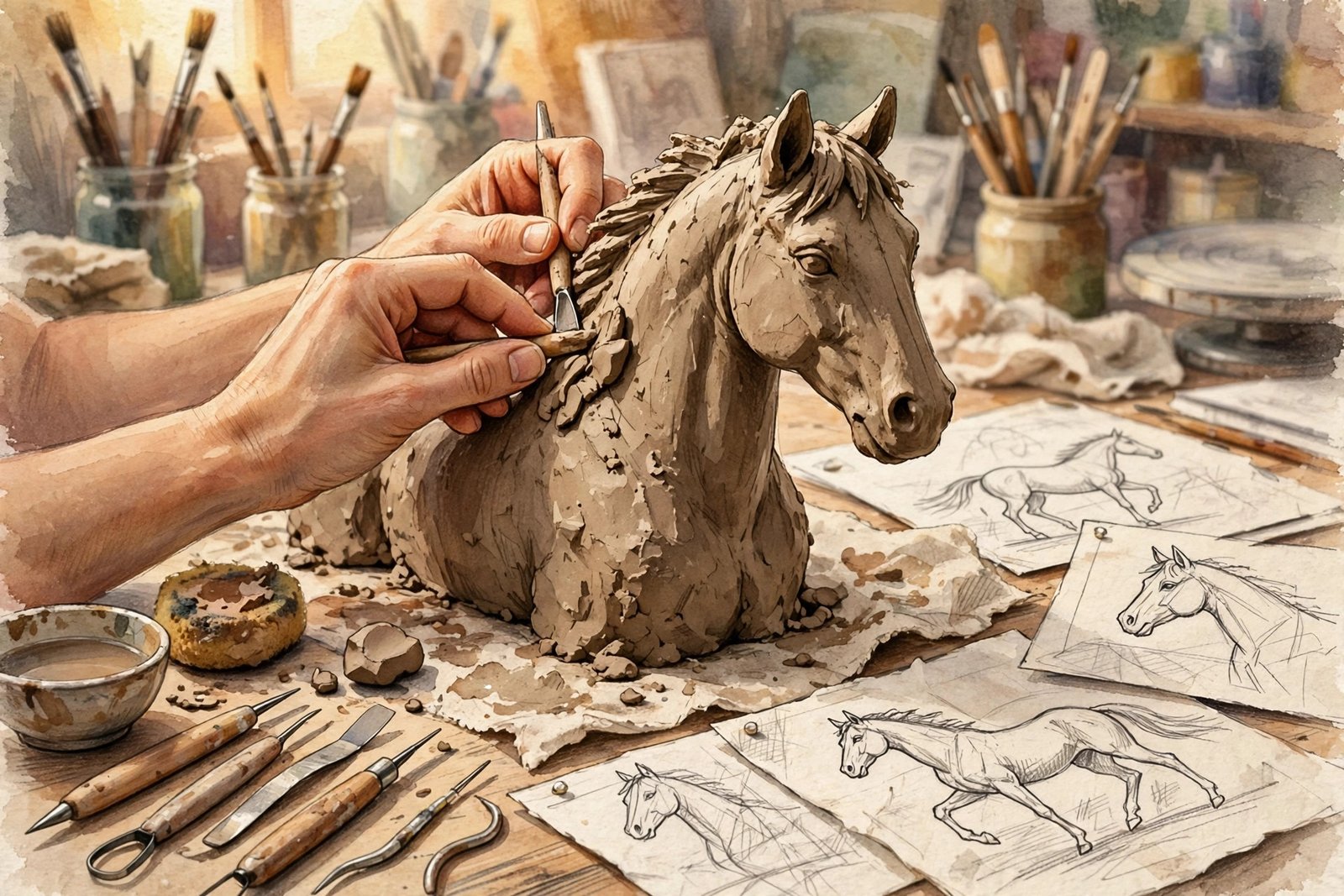 Hands sculpting a clay horse figure in an art studio, showing the bronze animal sculpture process associated with Liza Todd