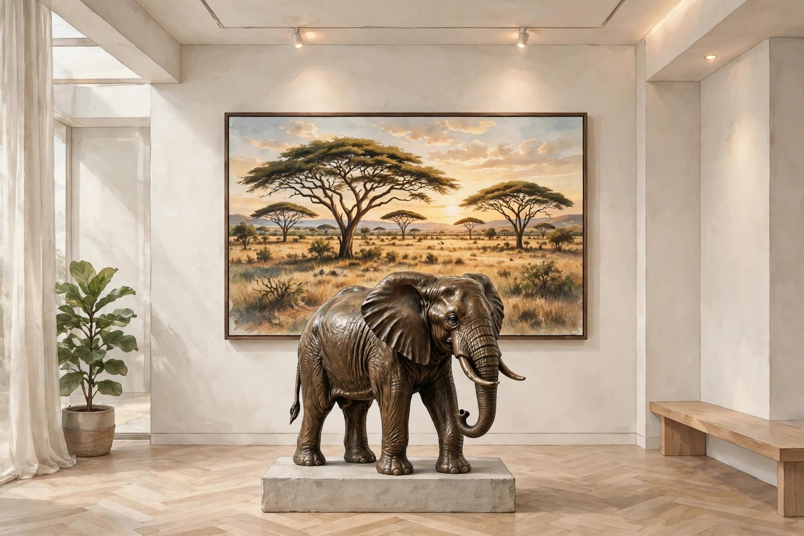 Bronze elephant sculpture in a gallery, reflecting Liza Todd's later wildlife and elephant conservation artwork