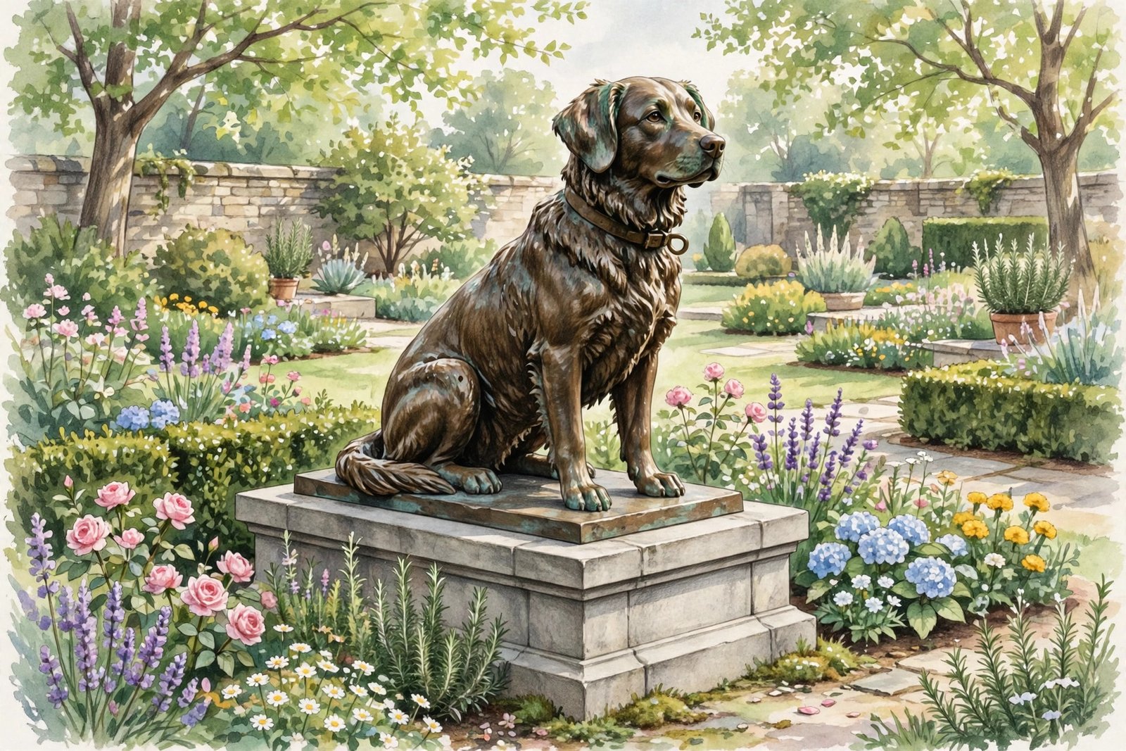 Bronze rescue dog sculpture in a memorial garden, evoking Liza Todd's reported life-size rescue dog sculpture