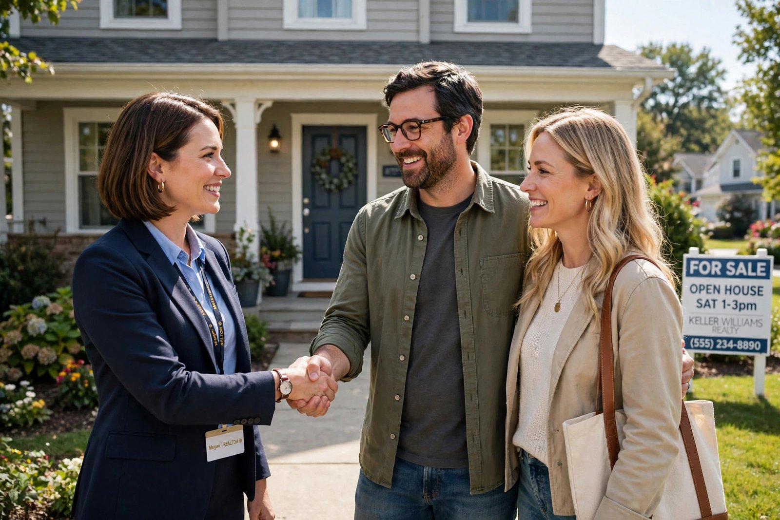 Real estate agent shaking hands with home buyers in front of a suburban house