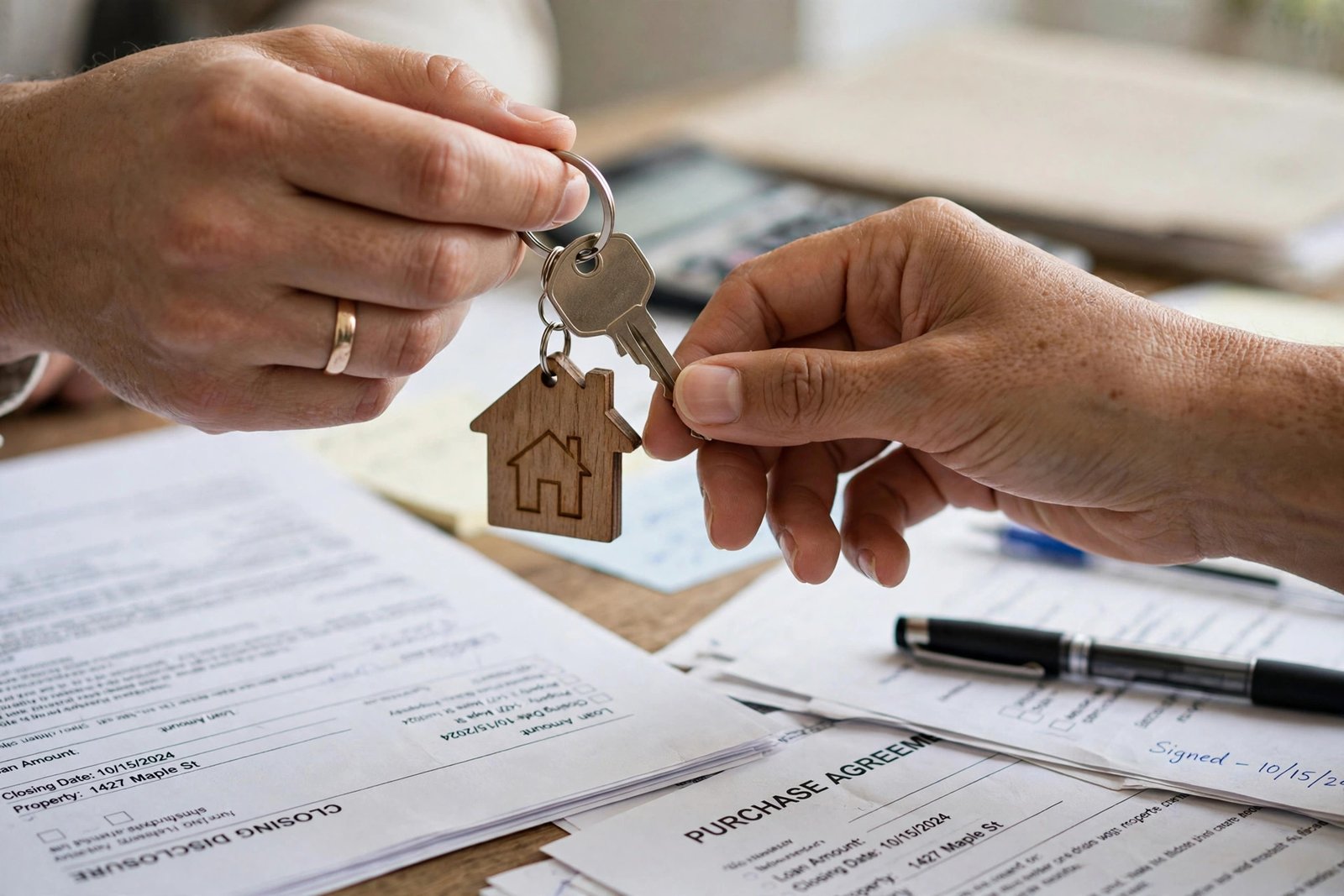 Hands exchanging house keys with a small wooden house keychain at a closing table