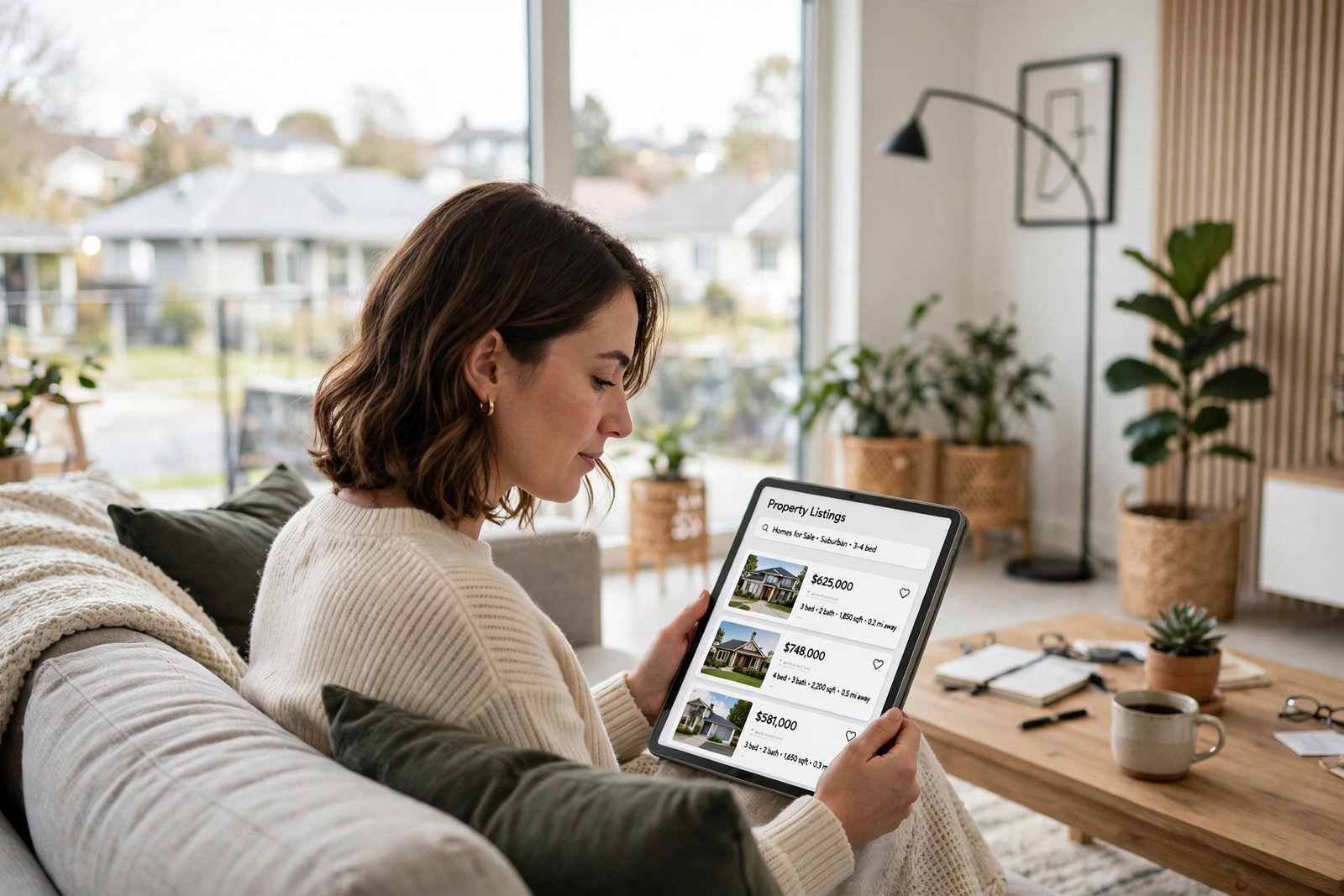 Person browsing property listings on a tablet in a bright living room
