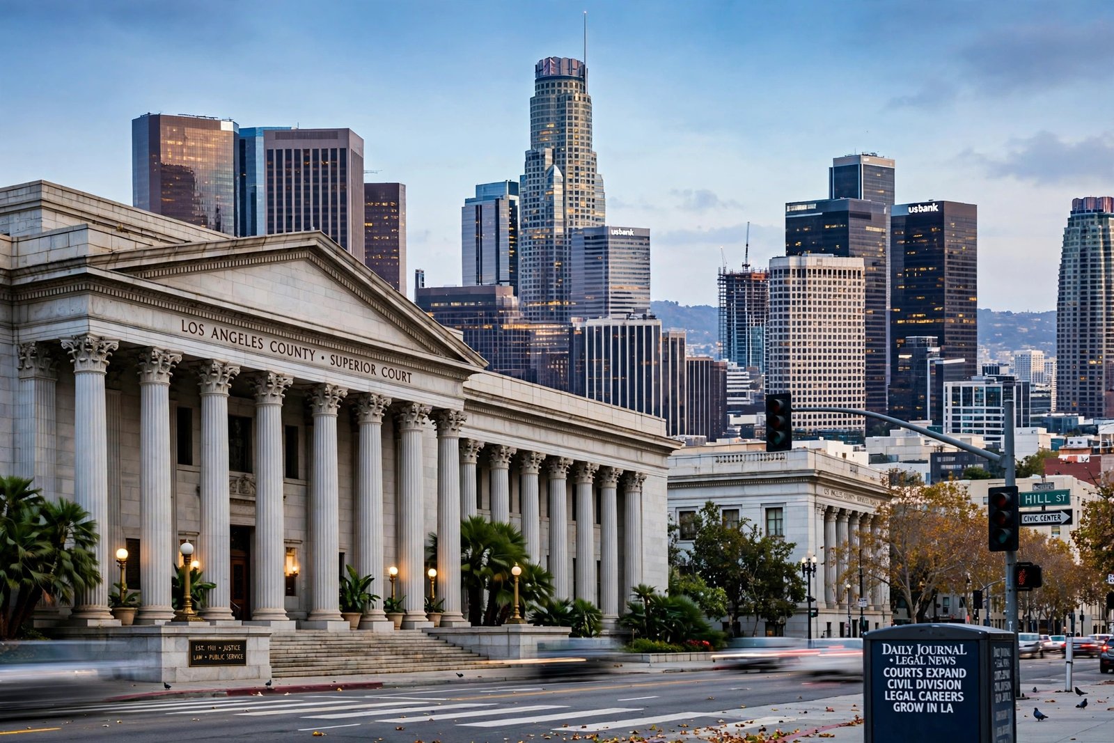 Los Angeles downtown skyline with courthouse columns, representing Ron Fujikawa's legal career