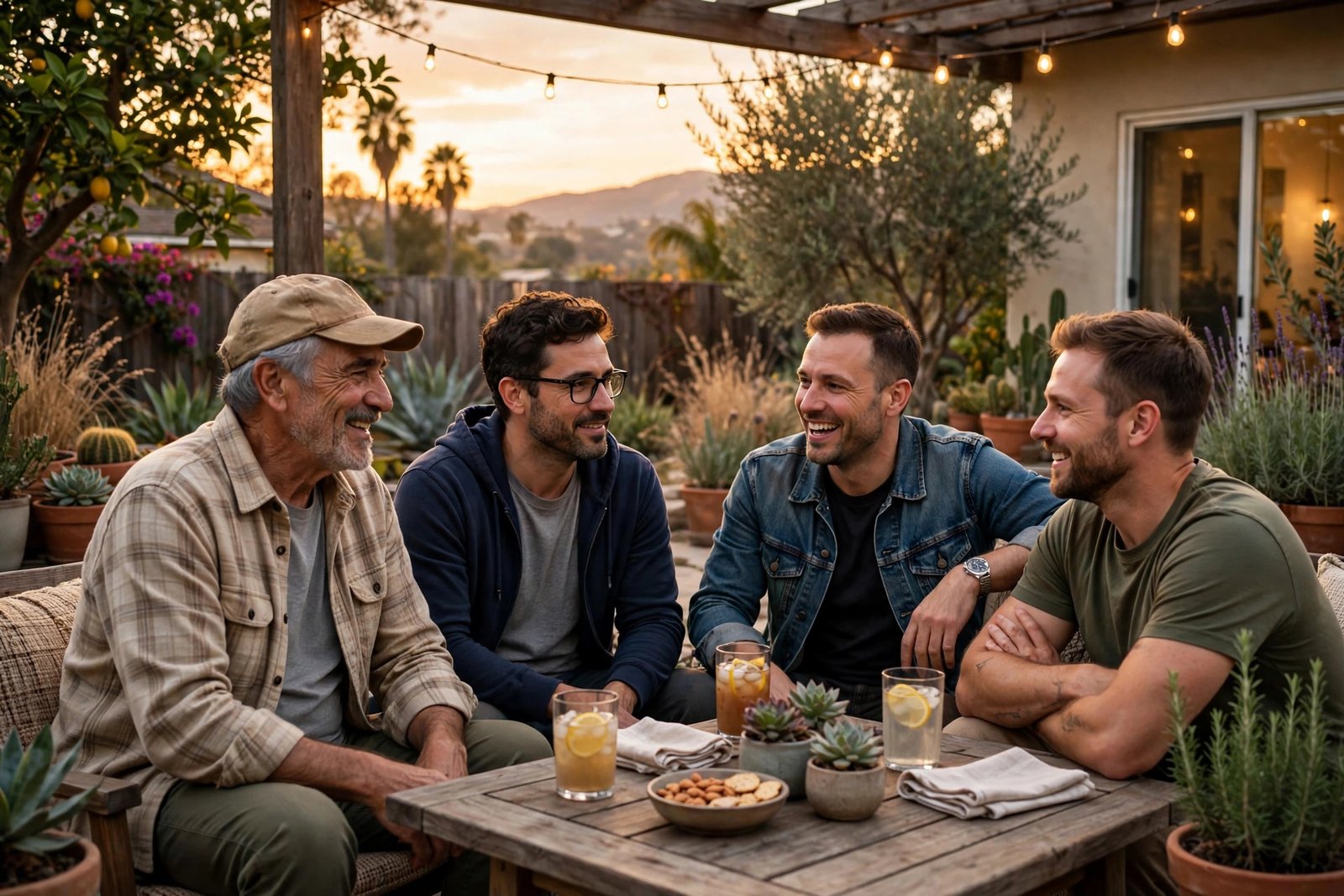 An older father with his three adult sons together in a California garden at sunset