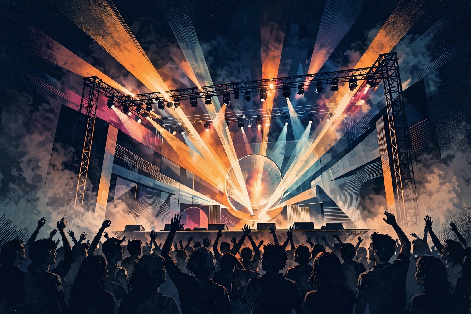 Stage spotlight illustration with crowd silhouette and dramatic theater lighting
