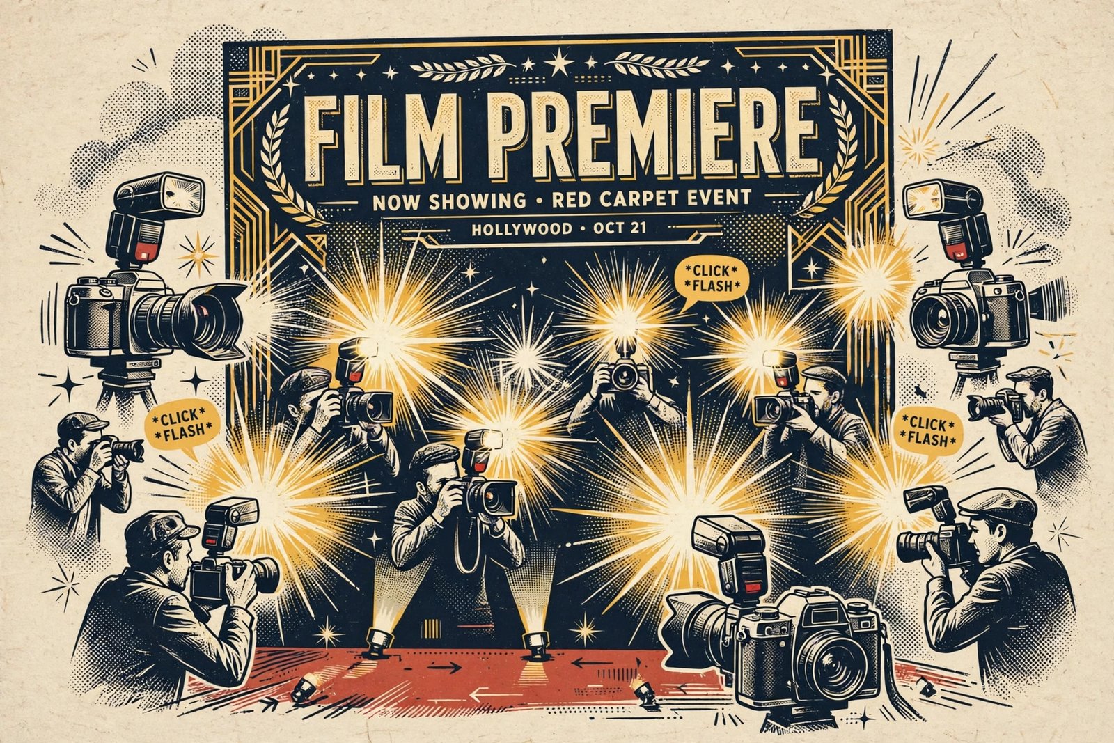 Illustration of a film premiere backdrop with flashing cameras