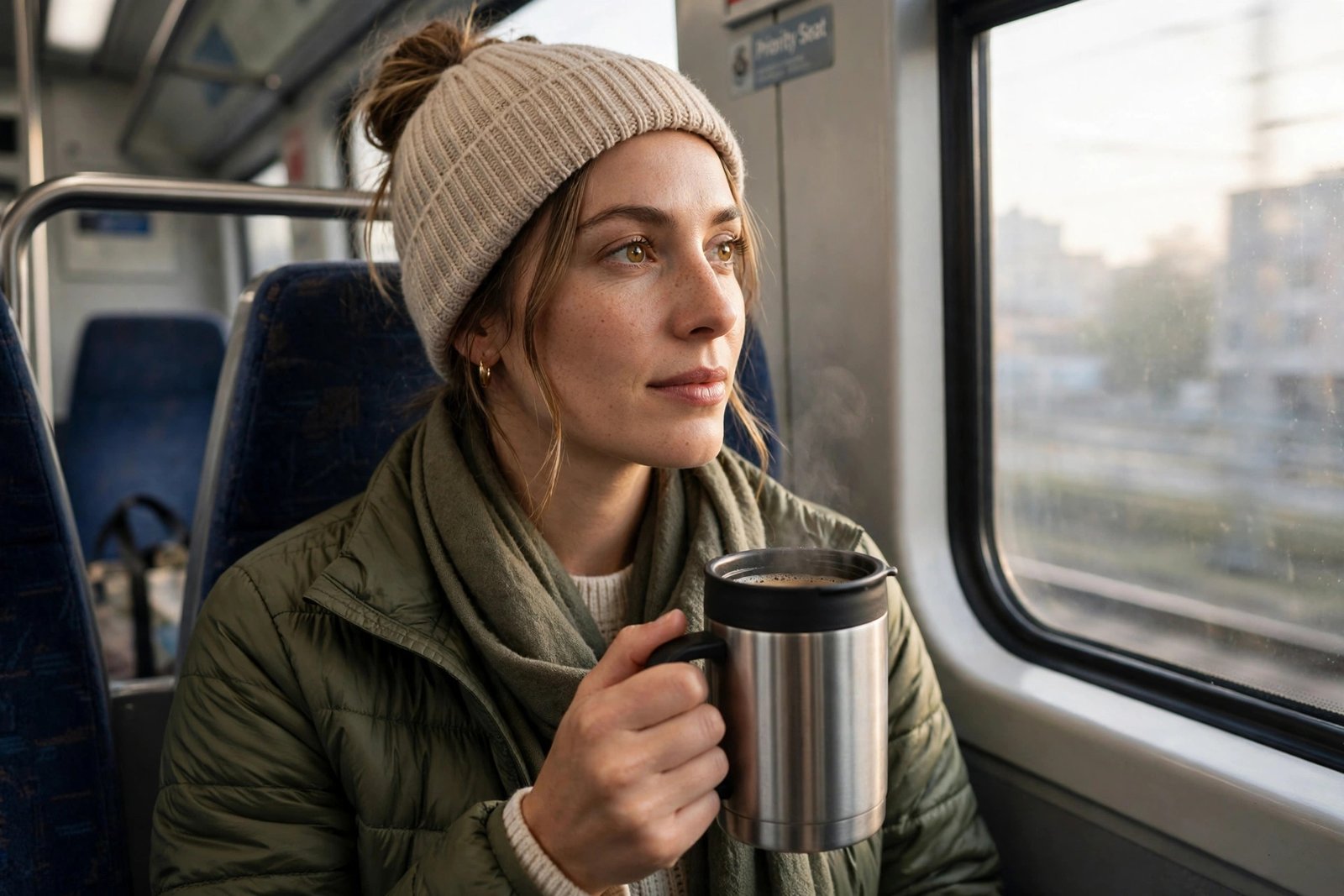 Morning commuter holding a stainless steel branded travel mug of coffee on a train