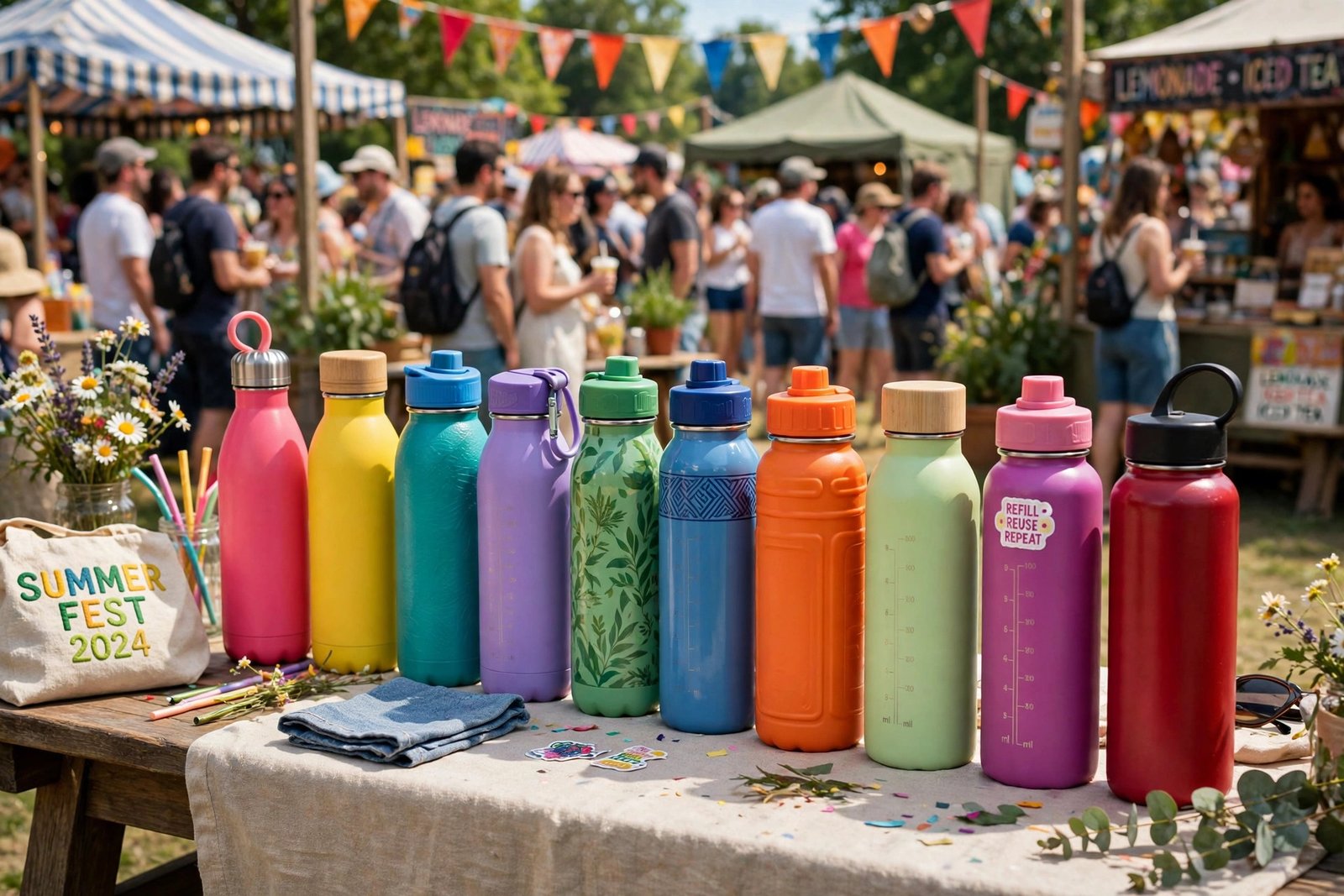 Row of colorful reusable water bottles at an outdoor summer festival