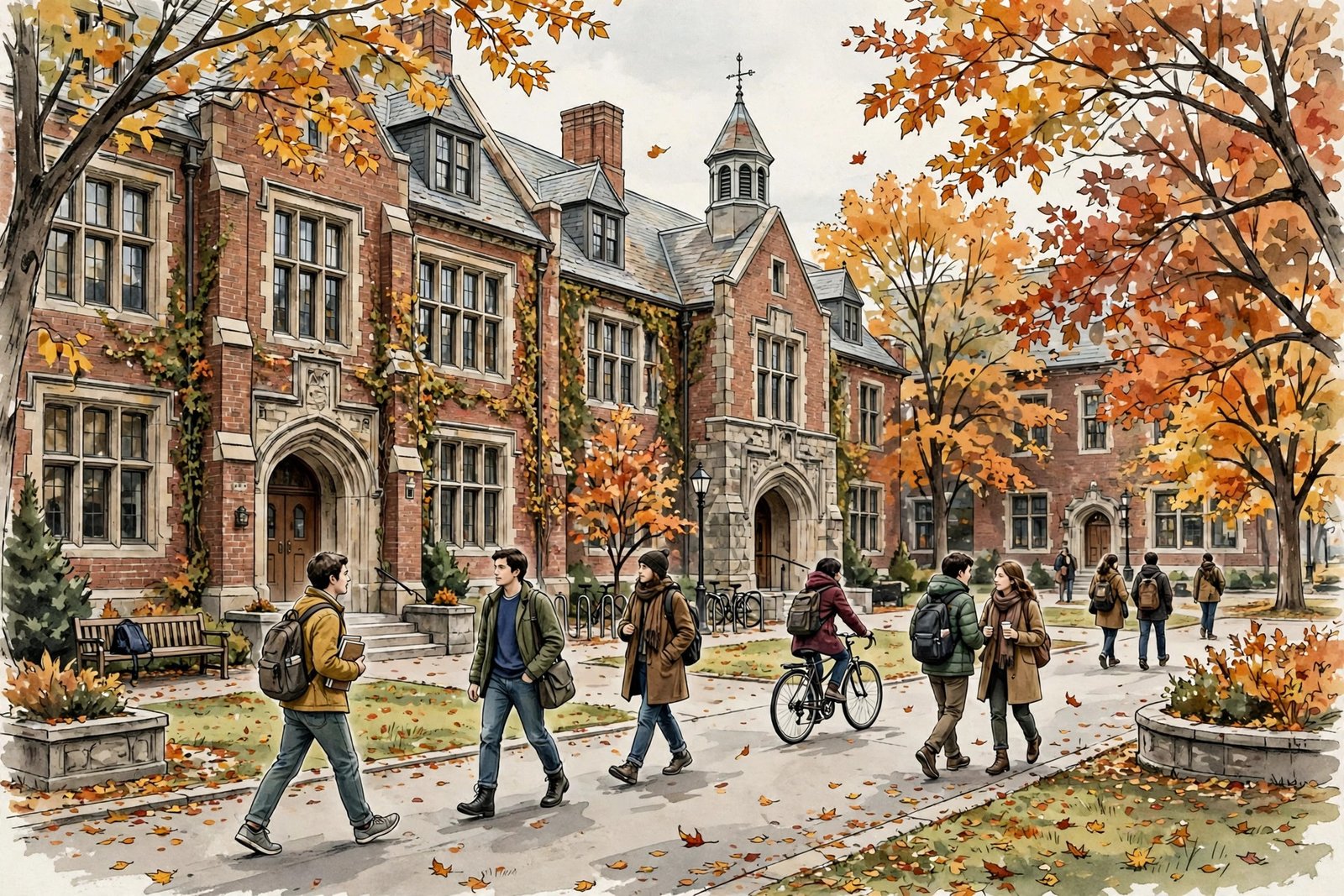 Illustrative view of a historic university campus in autumn, representing Eli Kay Oliphant's college years at Northwestern University