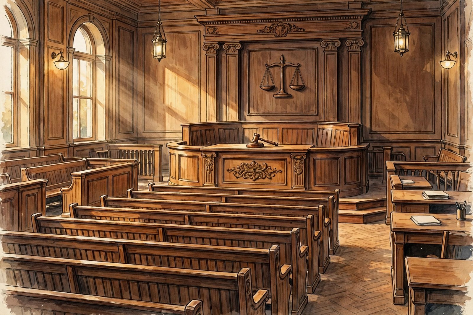 Illustrative courtroom interior with wooden benches, representing Eli Kay Oliphant's work in complex civil litigation