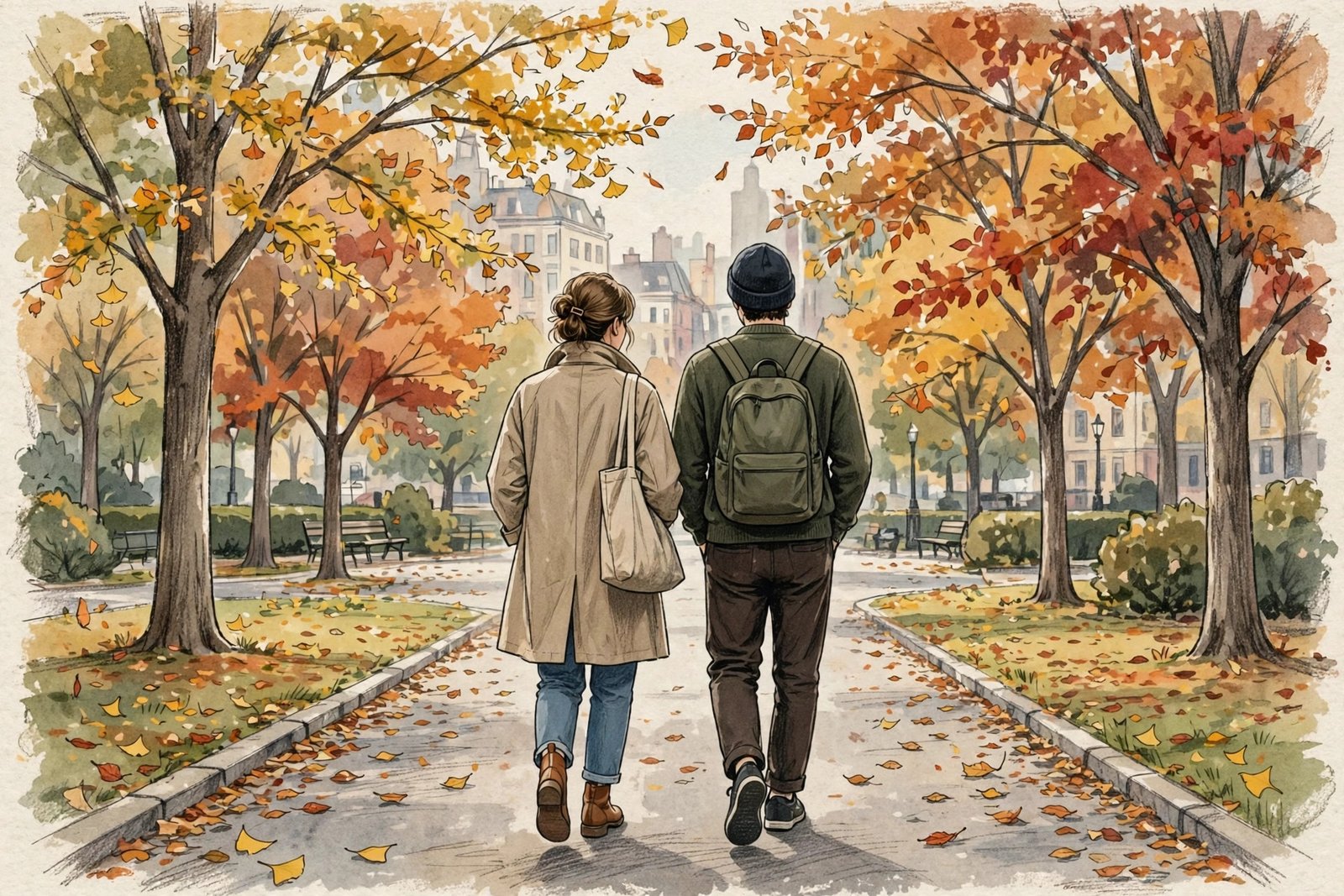 Illustrative image of a couple walking together in an autumn city park, representing a private family life away from public attention