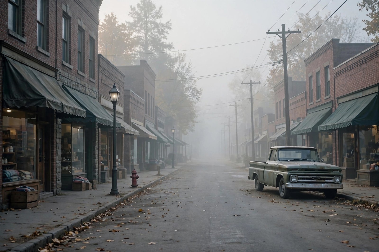 Quiet 1960s small-town Midwestern main street with brick storefronts and an old pickup truck in morning haze