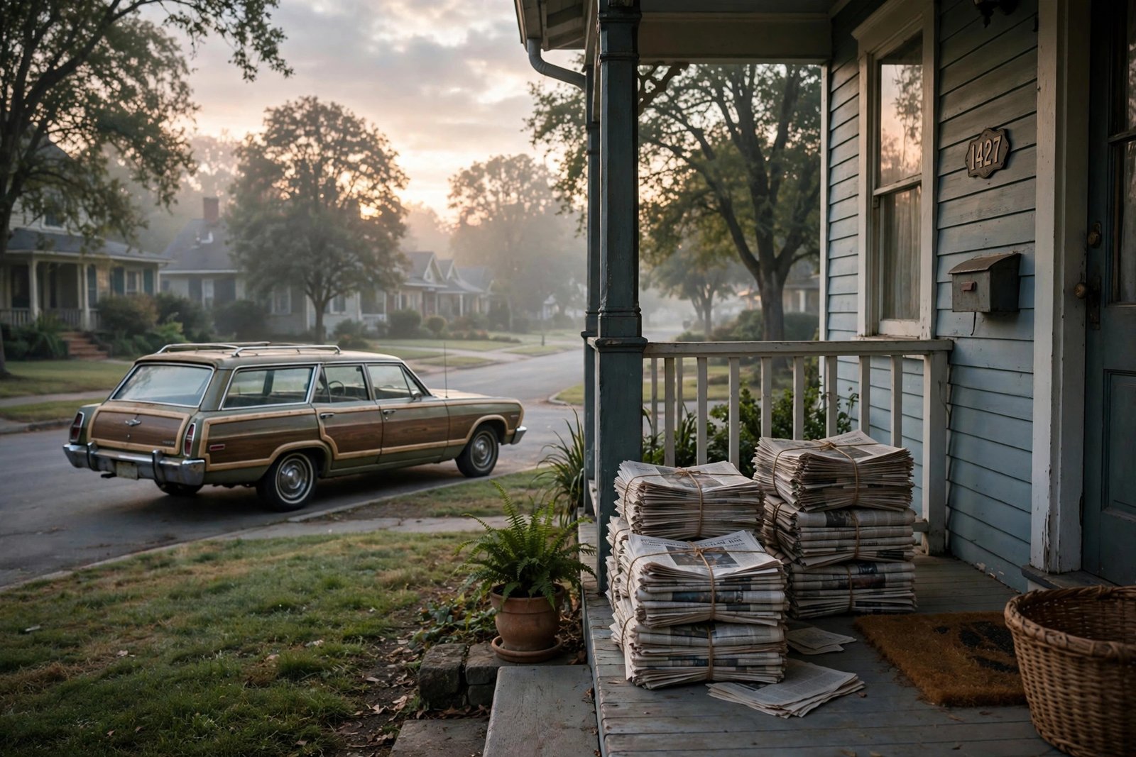 Vintage newspaper delivery scene at sunrise with stacks of bundled newspapers on a suburban front porch
