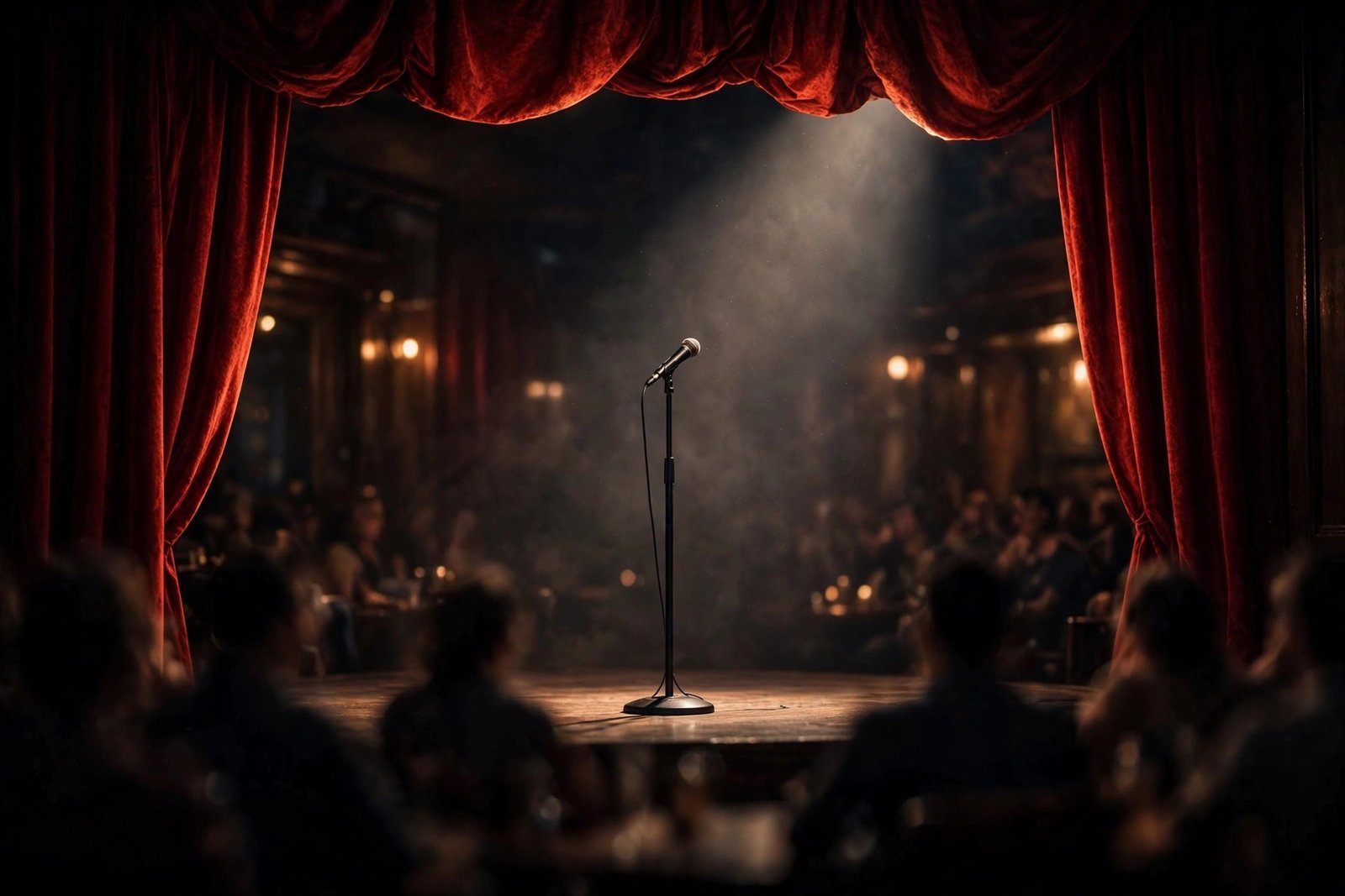 Stand-up comedy club stage at night with a single spotlight on a microphone stand and a warm red curtain