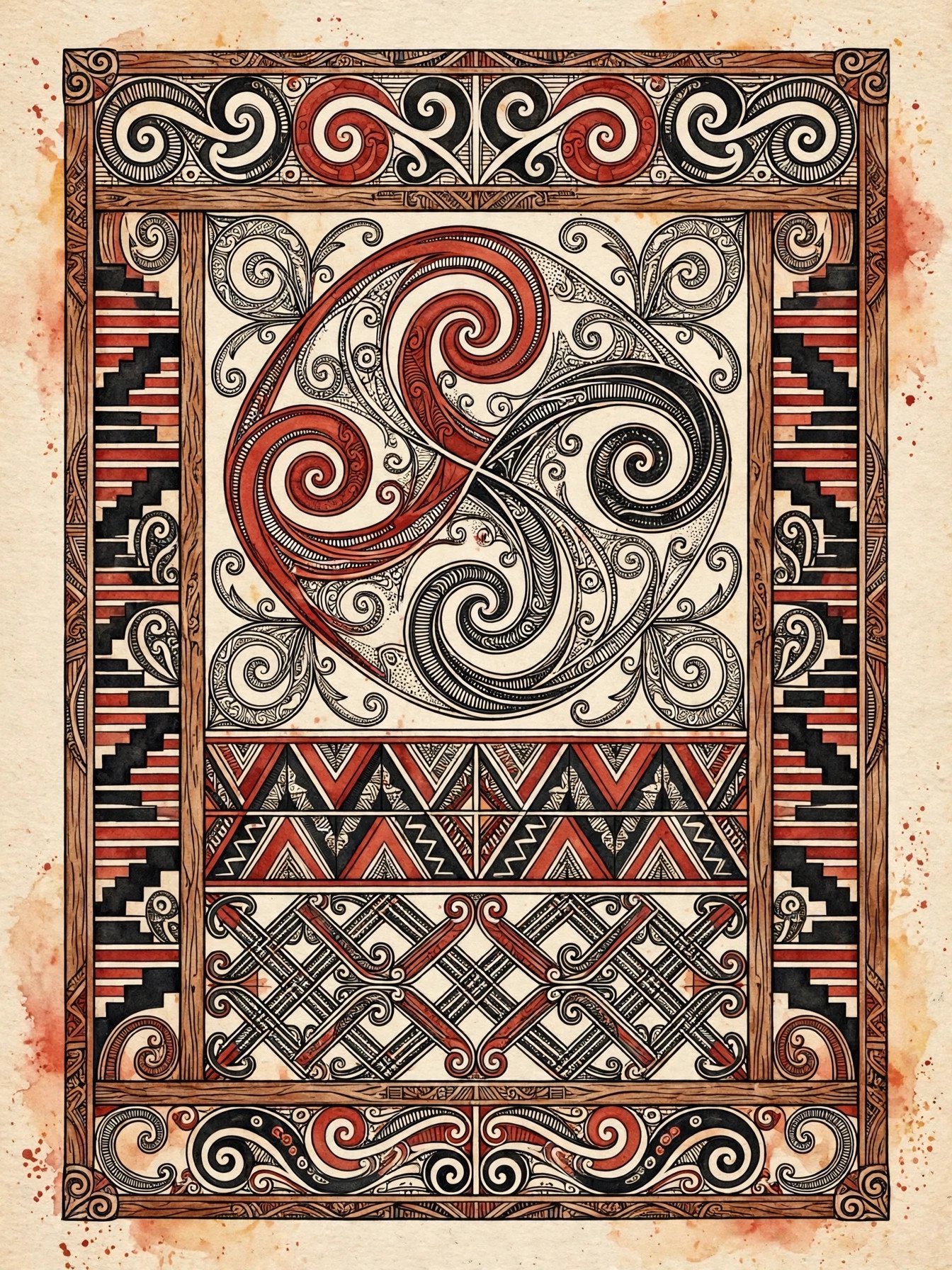 Traditional Maori carved patterns and koru motifs celebrating New Zealand indigenous art and culture