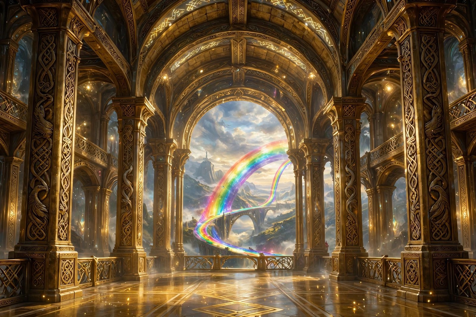 Golden fantasy hall inspired by Asgard from Thor Love and Thunder with tall pillars and glowing light