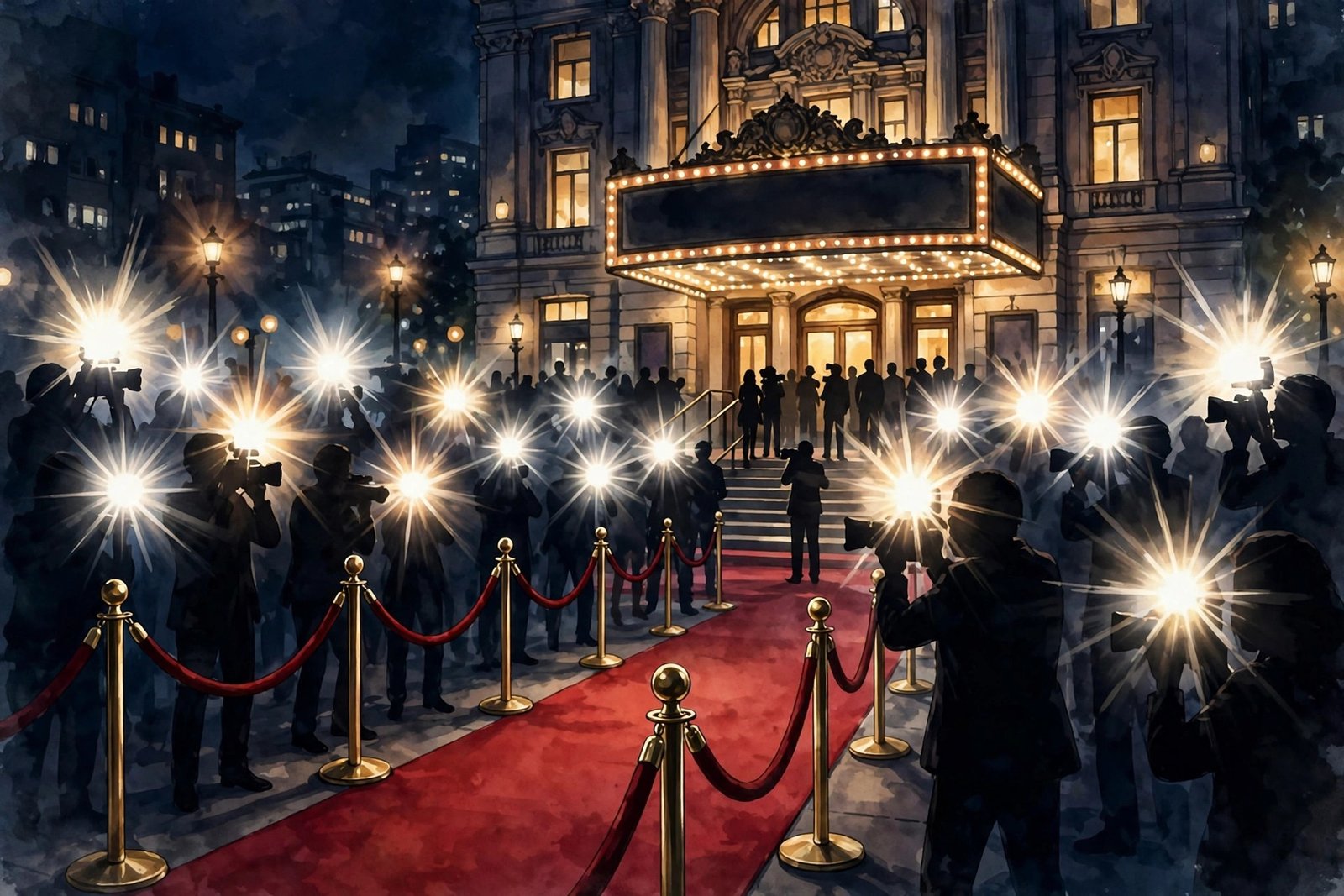 Movie premiere red carpet at night with camera flashes and a cinema building