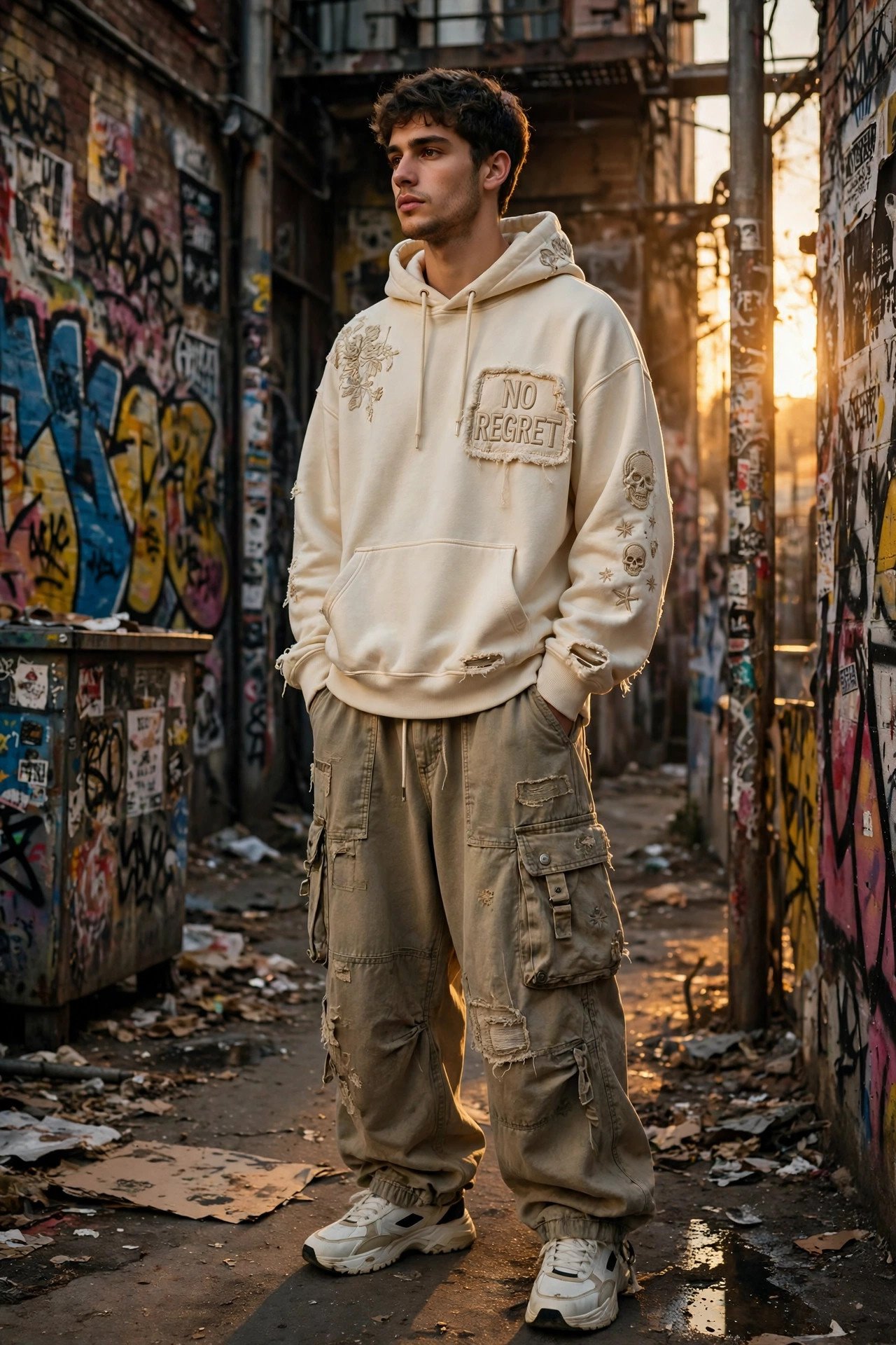 Model wearing a distressed cream streetwear hoodie and baggy cargo pants in a graffiti covered urban alley