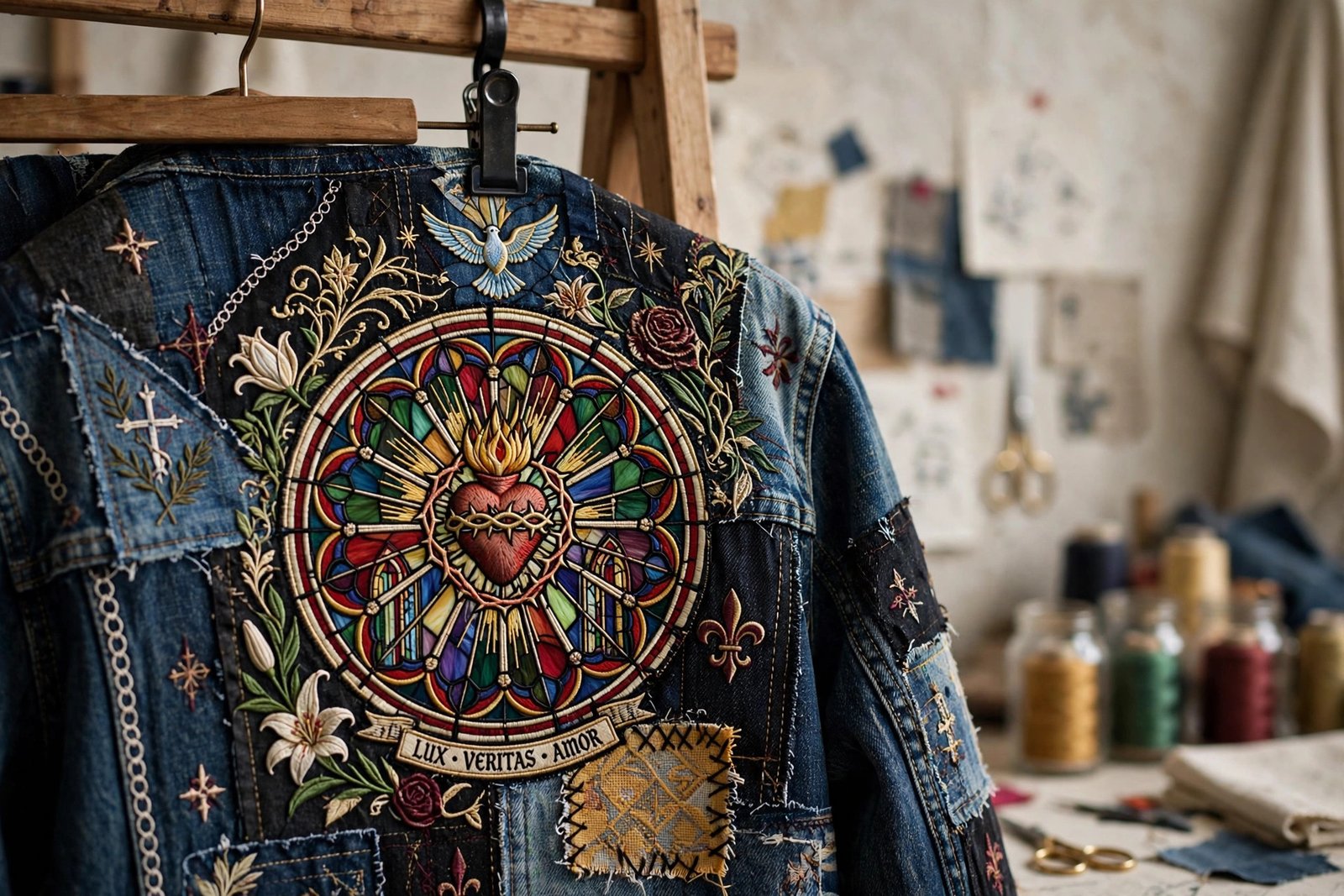 Close up of an embroidered distressed denim jacket with stained glass style religious artwork hanging in a design atelier
