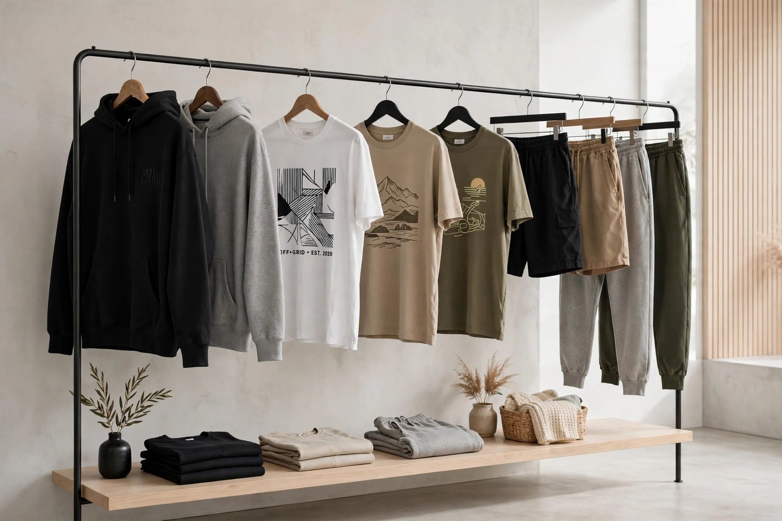 Minimalist clothing rail with streetwear hoodies, graphic tees, shorts and joggers in neutral tones