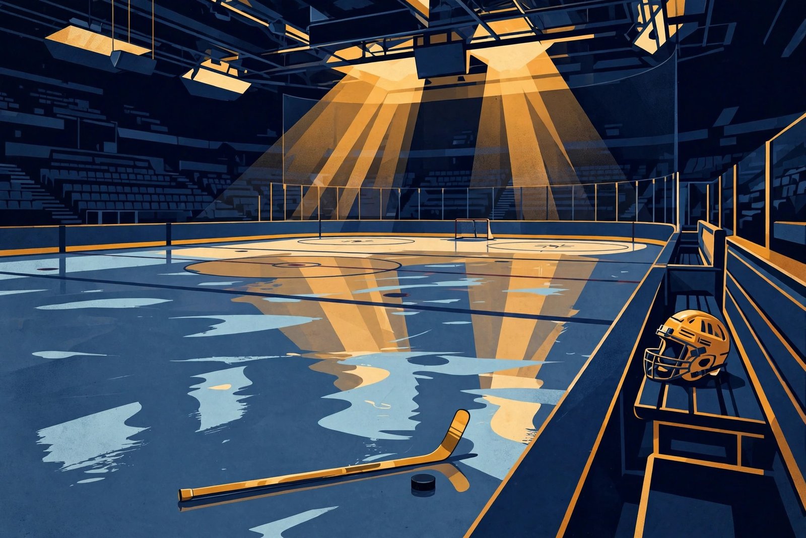 Stylized illustration of an ice hockey rink at night with a hockey stick, puck, and football helmet under arena lights