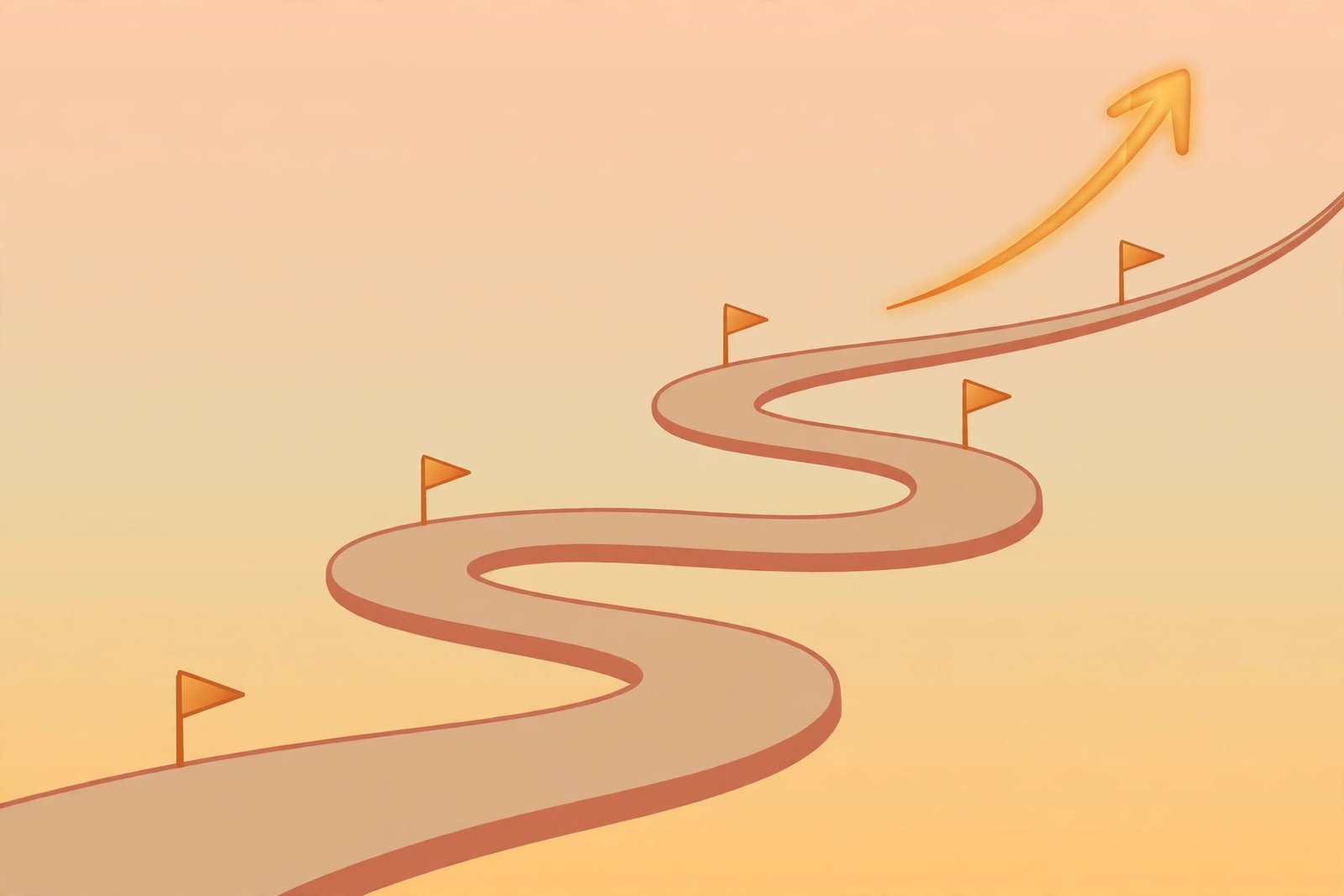 Abstract editorial illustration of a rising arrow and milestone flags on a winding path, symbolizing a career journey