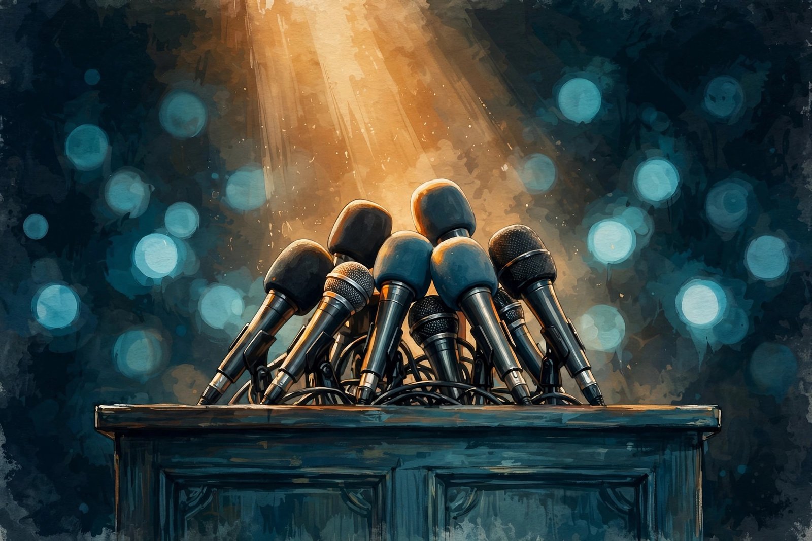 Stylized illustration of press microphones on a podium under a warm spotlight