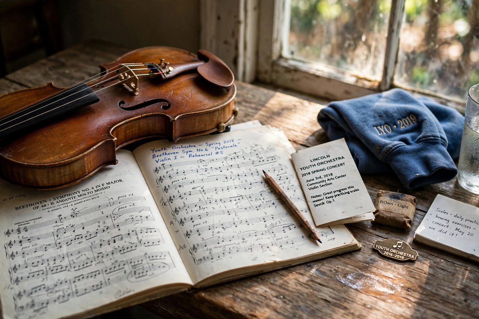 A violin resting on sheet music in warm window light, reflecting Shelly Loraine Kearns's early years as a violinist reportedly with the American Youth Symphony