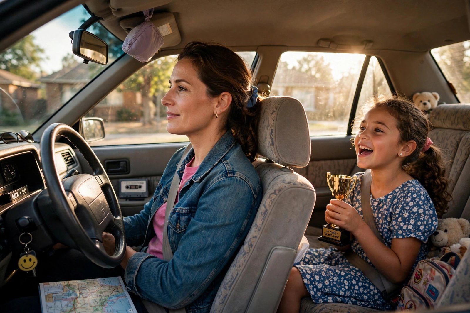 Illustration of a mother driving her young daughter to a talent show, evoking how Shelly Loraine Kearns supported Christina Aguilera's early singing career