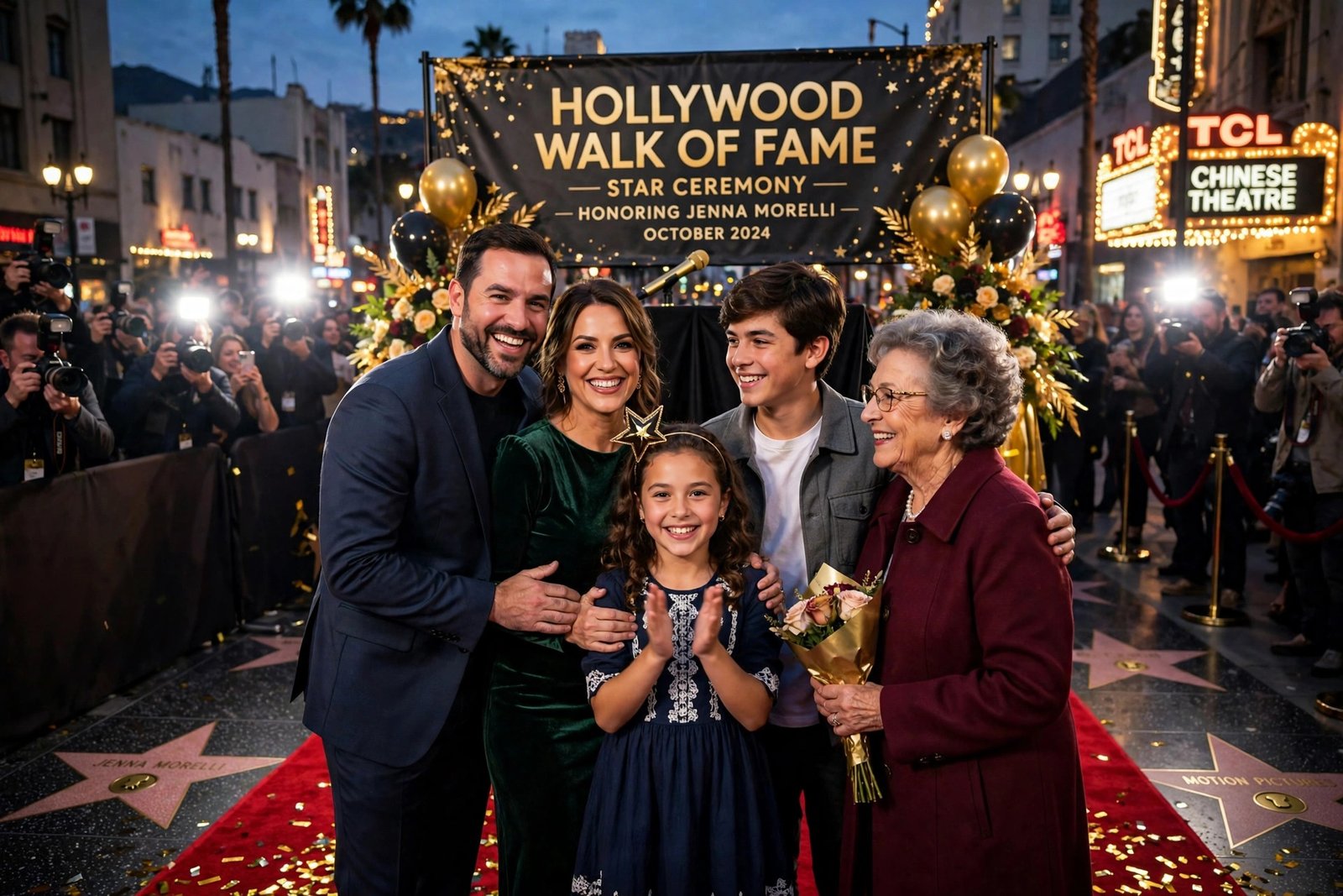 A celebratory red carpet star ceremony at dusk, evoking Shelly Loraine Kearns joining Christina Aguilera at her Hollywood Walk of Fame star ceremony