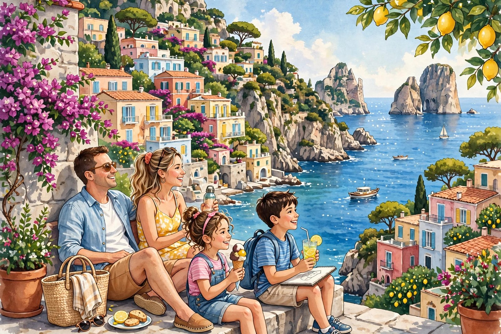Family enjoying a sunny summer holiday on the island of Capri in Italy