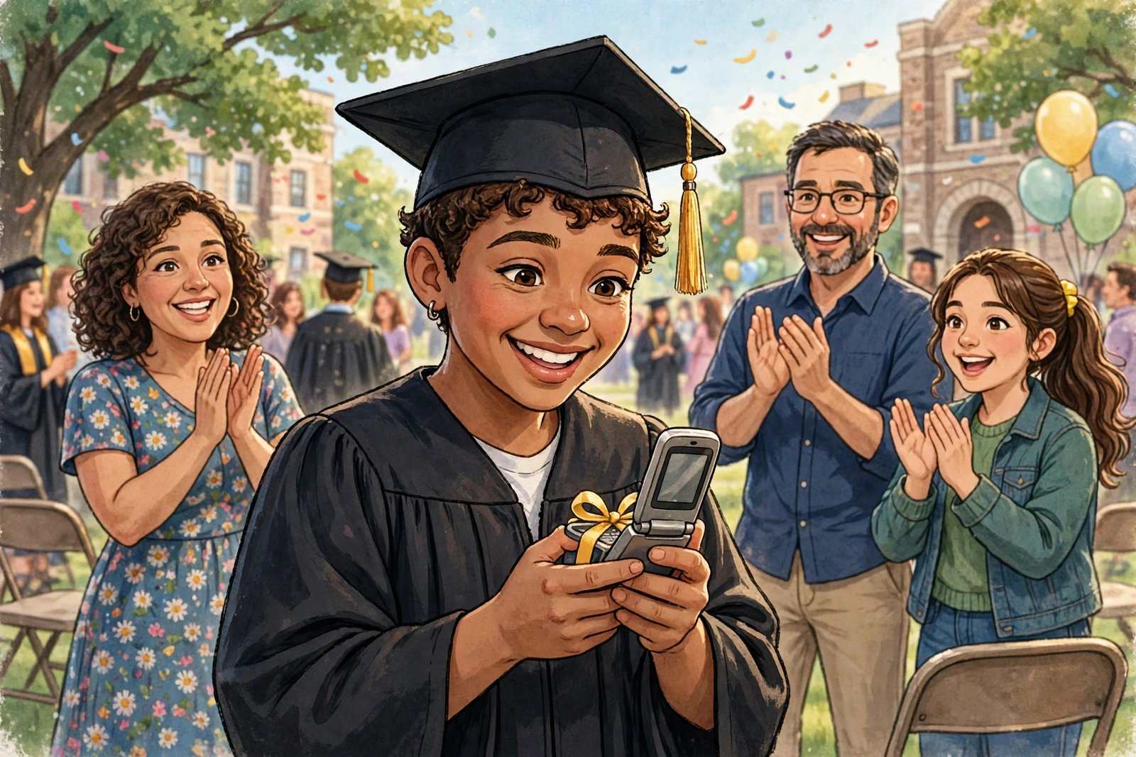 Young graduate in cap and gown holding a flip phone gift at an outdoor ceremony