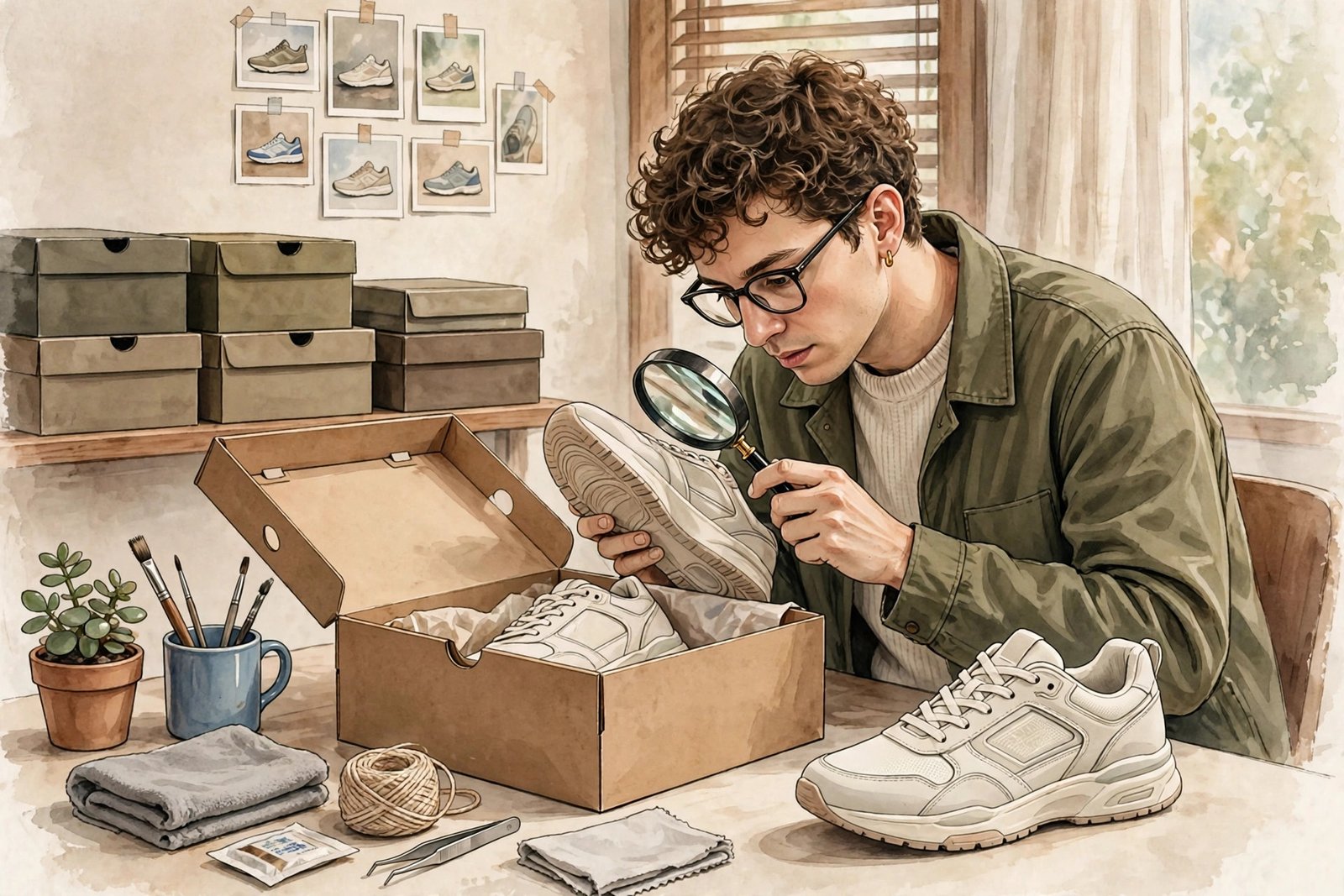 Collector inspecting a new pair of limited edition sneakers and checking the original box label